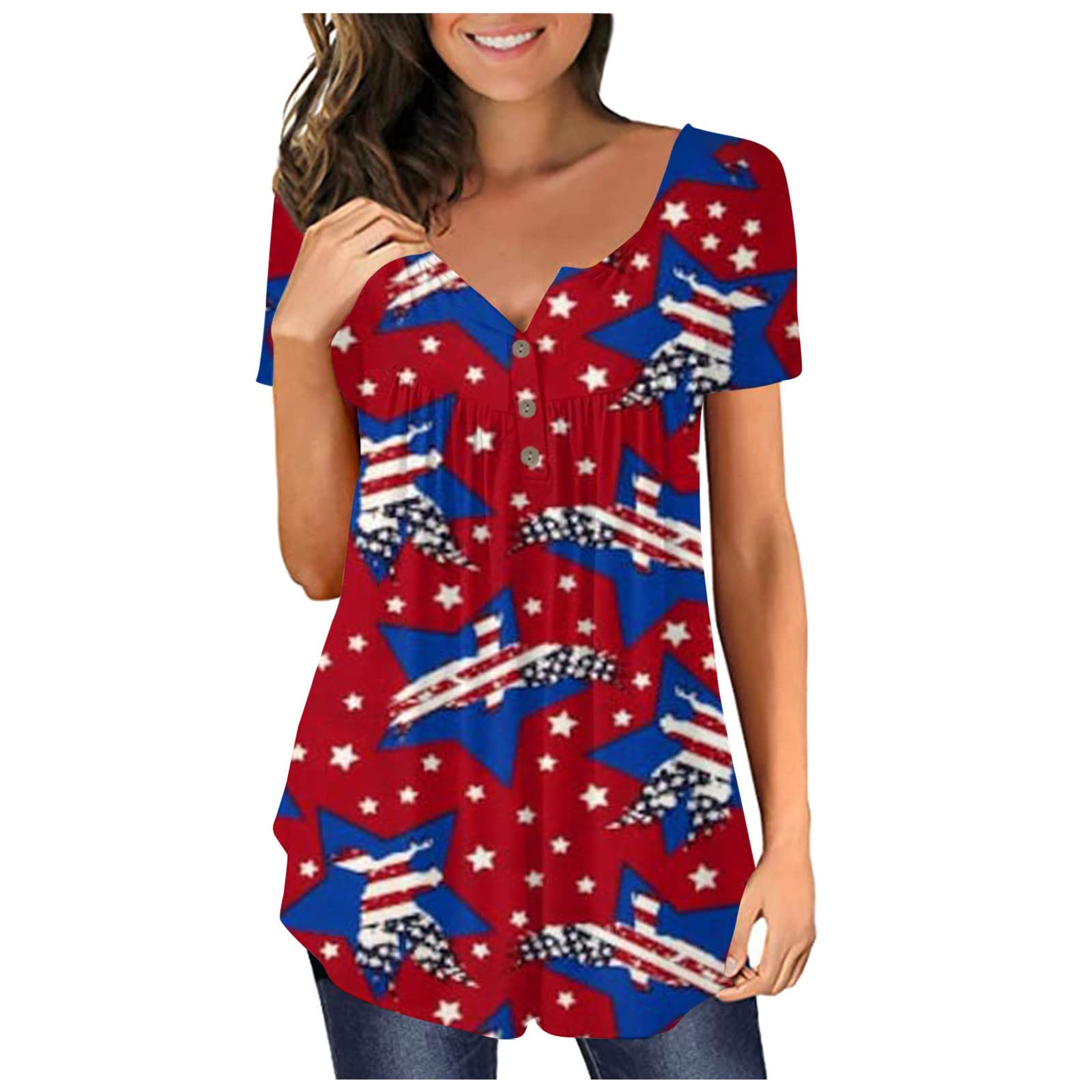 Women's 4th of July Short Sleeve Tops - Loose Fit Casual Blouse with Pleated Detail & Button Tie Front for Summer Outings, Beach Vacations and Patriotic Celebrations