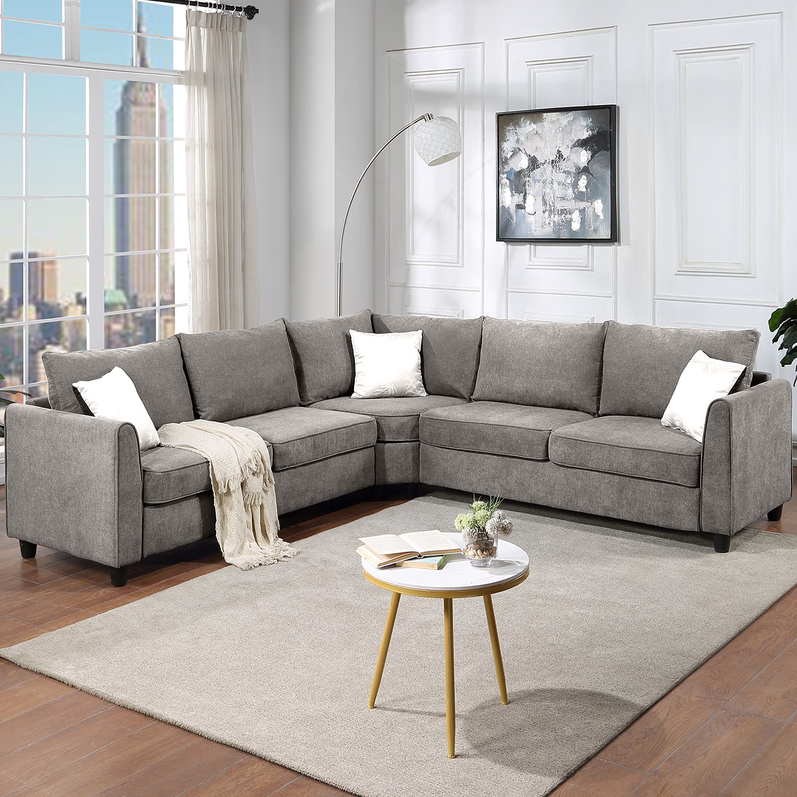 VEAREAR Modular Sectional Sofa Set - Reversible L-Shaped Corner Couch with Massage Function, Light Gray Fabric Living Room Furniture for Home Theater & Family Gatherings