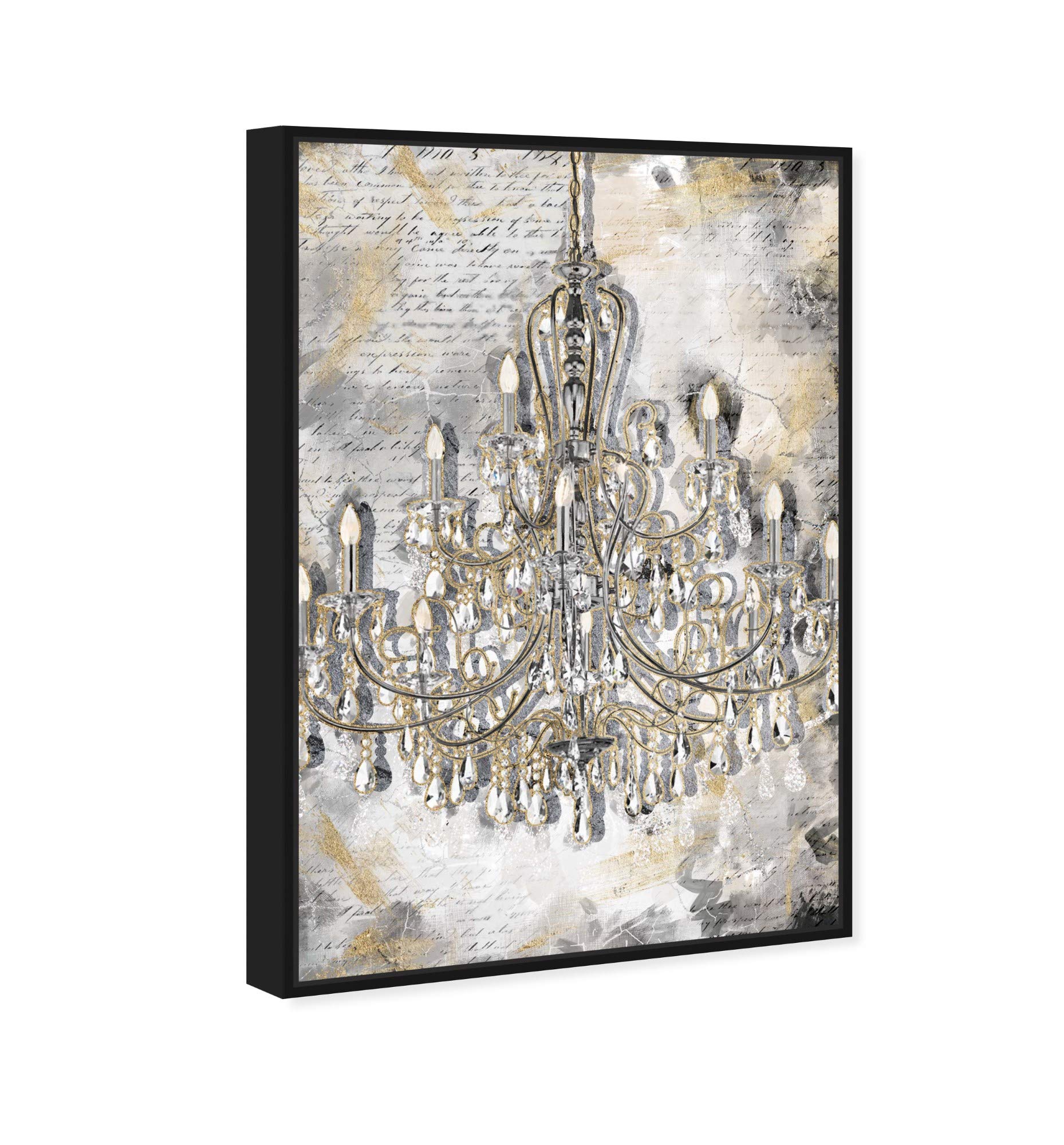 Oliver Gal Artist Co. Fashion & Glam Wall Art - Framed Canvas Print 'Calligraphy Chandeliers' in Gold & Gray (10x15 inches) - Elegant Home Décor for Living Room, Bedroom & Office