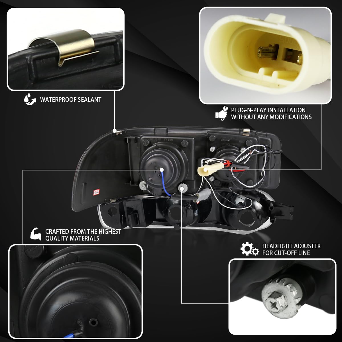 AUTOZENSATION Black Housing Clear Lens LED Halo Projector Headlights + Bumper Lights - Compatible with 2001-2006 GMC Yukon Denali Models (Left + Right Pair) - Upgrade Your Ride for Enhanced Night Visibility & Style