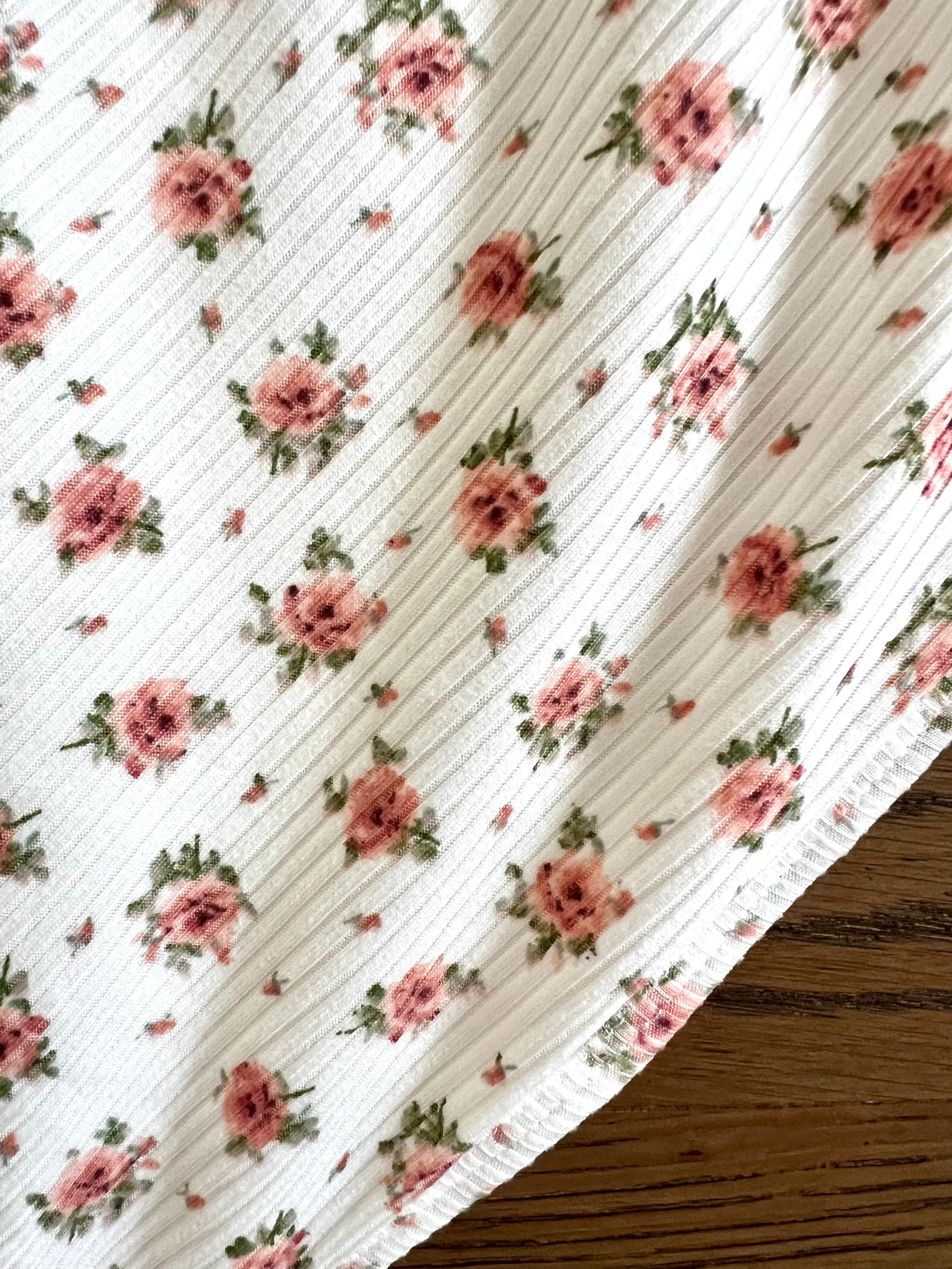 Elegant White Ribbed Dress with Pink Floral Print - Perfect for Spring Weddings, Garden Parties & Casual Outings