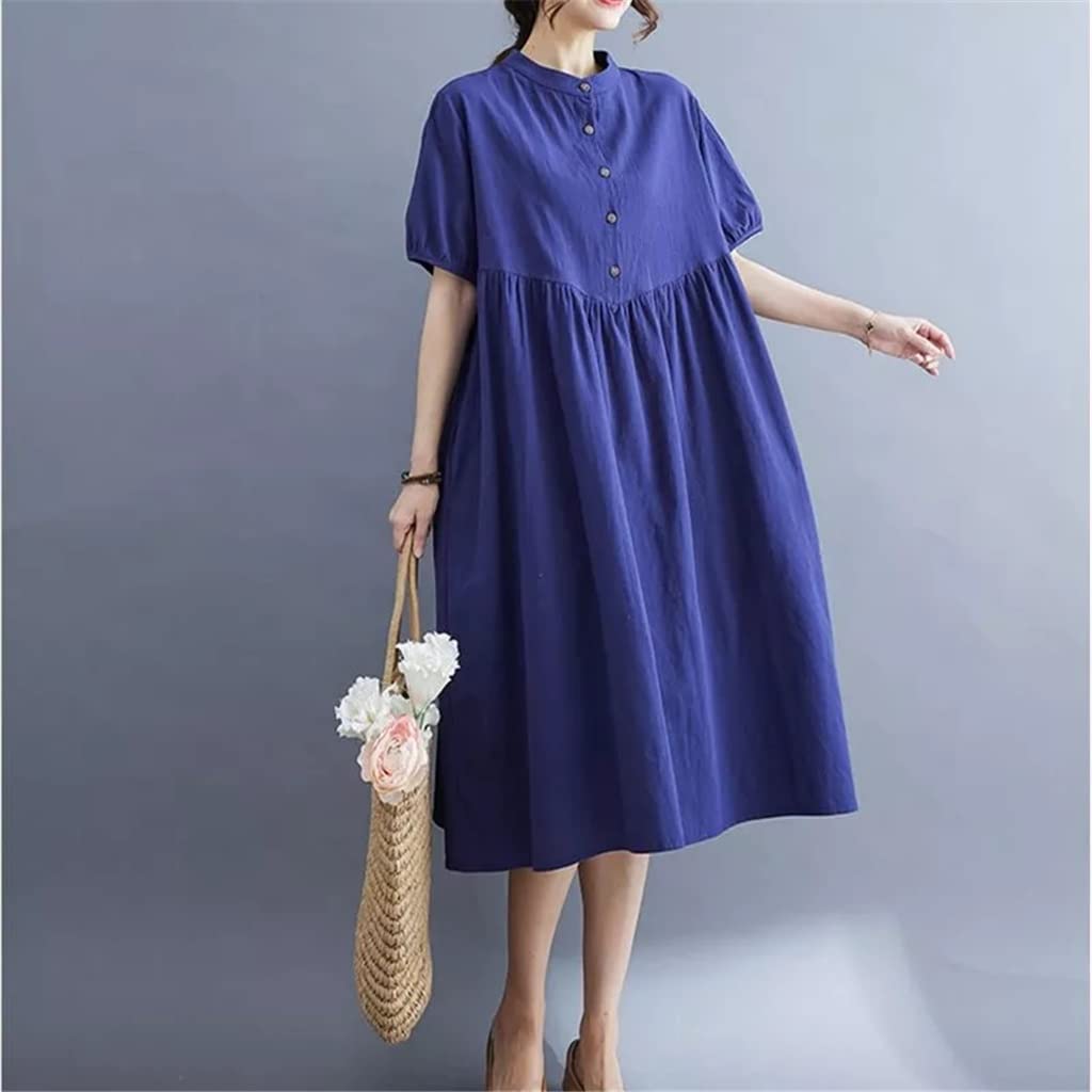 Women's Casual Short Sleeve Stand Collar Summer Blouse Midi Dress - Dark Blue Size M - Perfect for Office Wear & Summer Outings