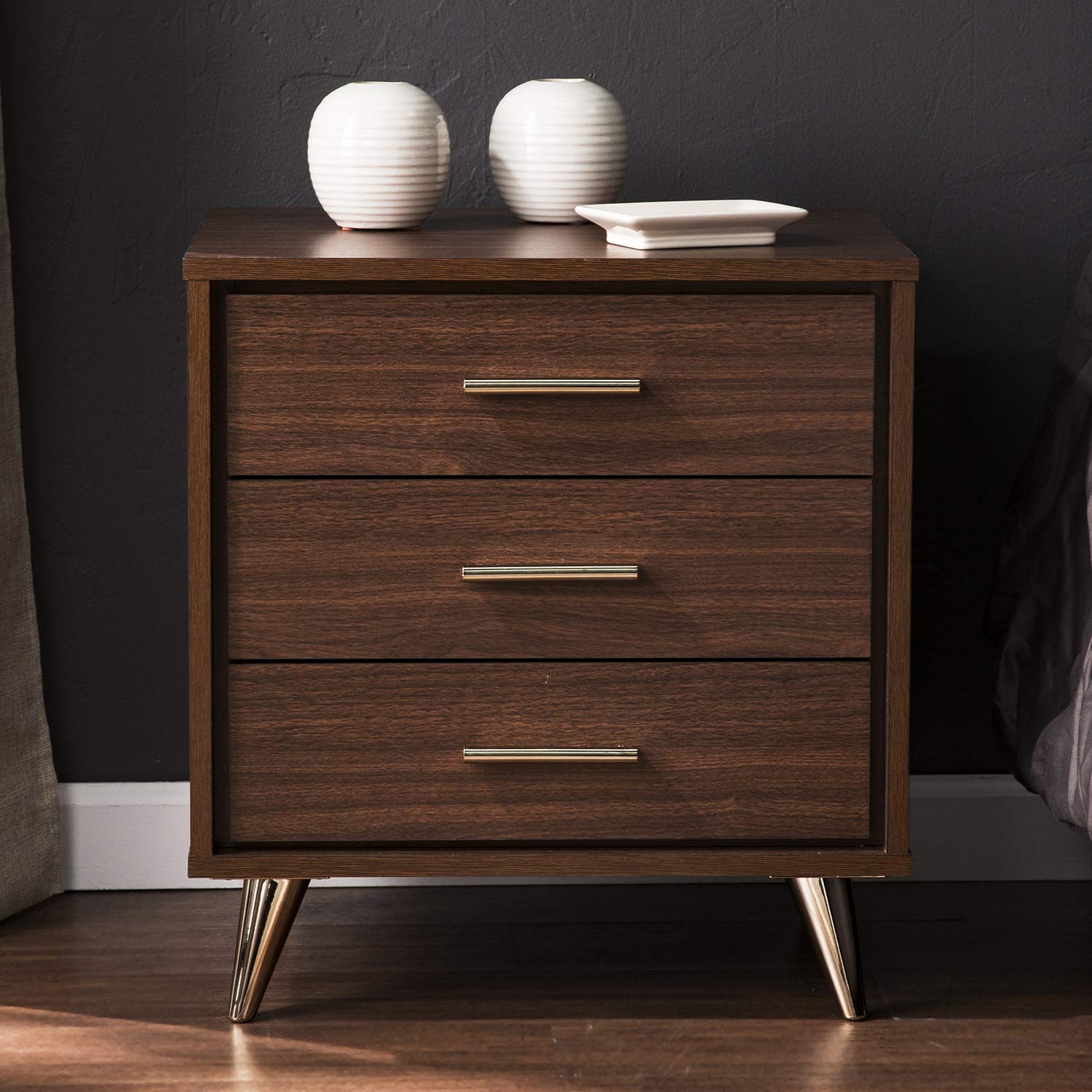 SEI Furniture Oren Bedside Table with Drawers - Brown Wood Nightstand for Bedroom, Living Room, or Office - Compact Storage End Table with Drawer Space