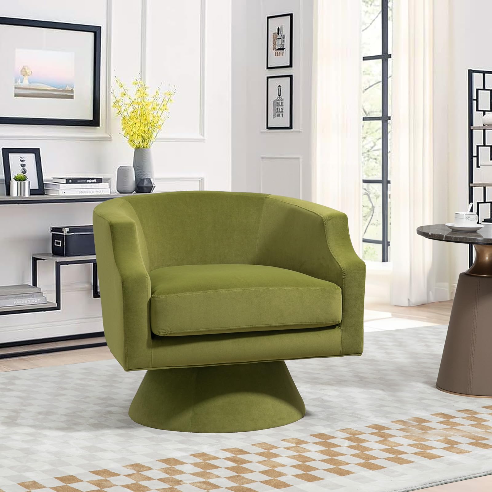 Comfy Upholstered Swivel Barrel Chair - 360° Rotating Sherpa Accent Armchair for Living Room, Bedroom & Office | Modern Lounge Chair for Home, Nursery & Club Decor | Green Velvet Fabric