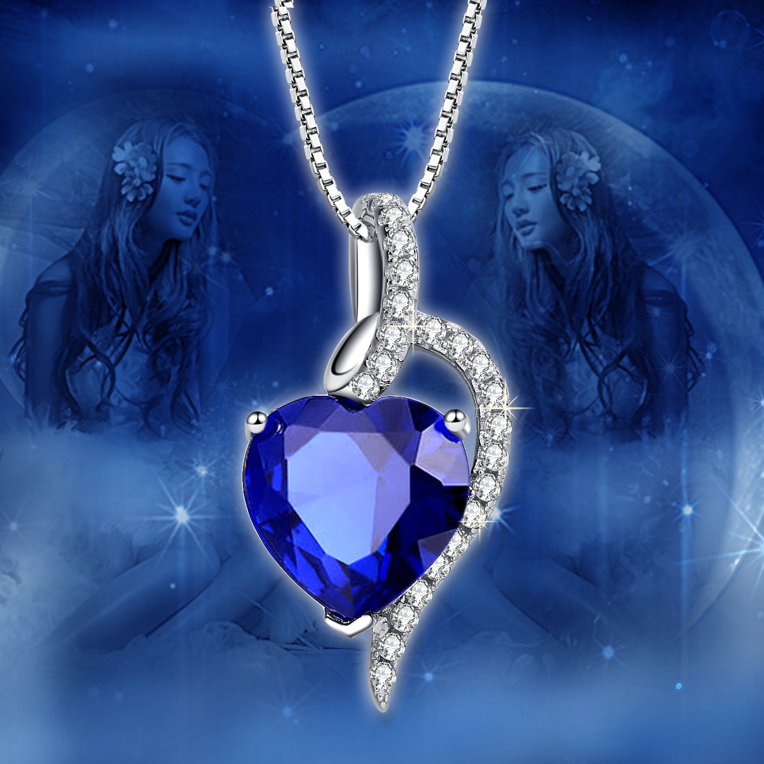 MABELLA Sterling Silver Heart Pendant Necklace with Simulated Blue Sapphire, Ruby & Blue Topaz - Valentine's Day Gift for Her, Anniversary Present, Birthday Jewelry for Women - Perfect for Romantic Dates, Proposals & Special Occasions
