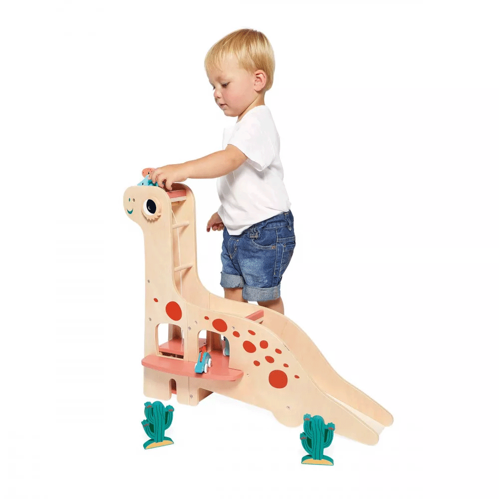 Janod Dino Garage - Wooden Toy Car Garage for Kids with Dinosaur Theme | Pretend Play, Imaginative Play, Gift for Boys & Girls Ages 3+