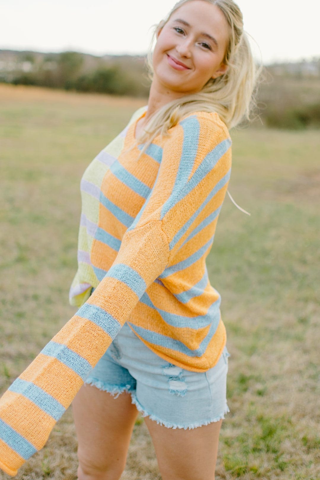 Women's Mango Stripe Colorblock Summer Sweater - Lightweight Knit Pullover for Casual Outings, Beach Cover-Up & Vacation Wear