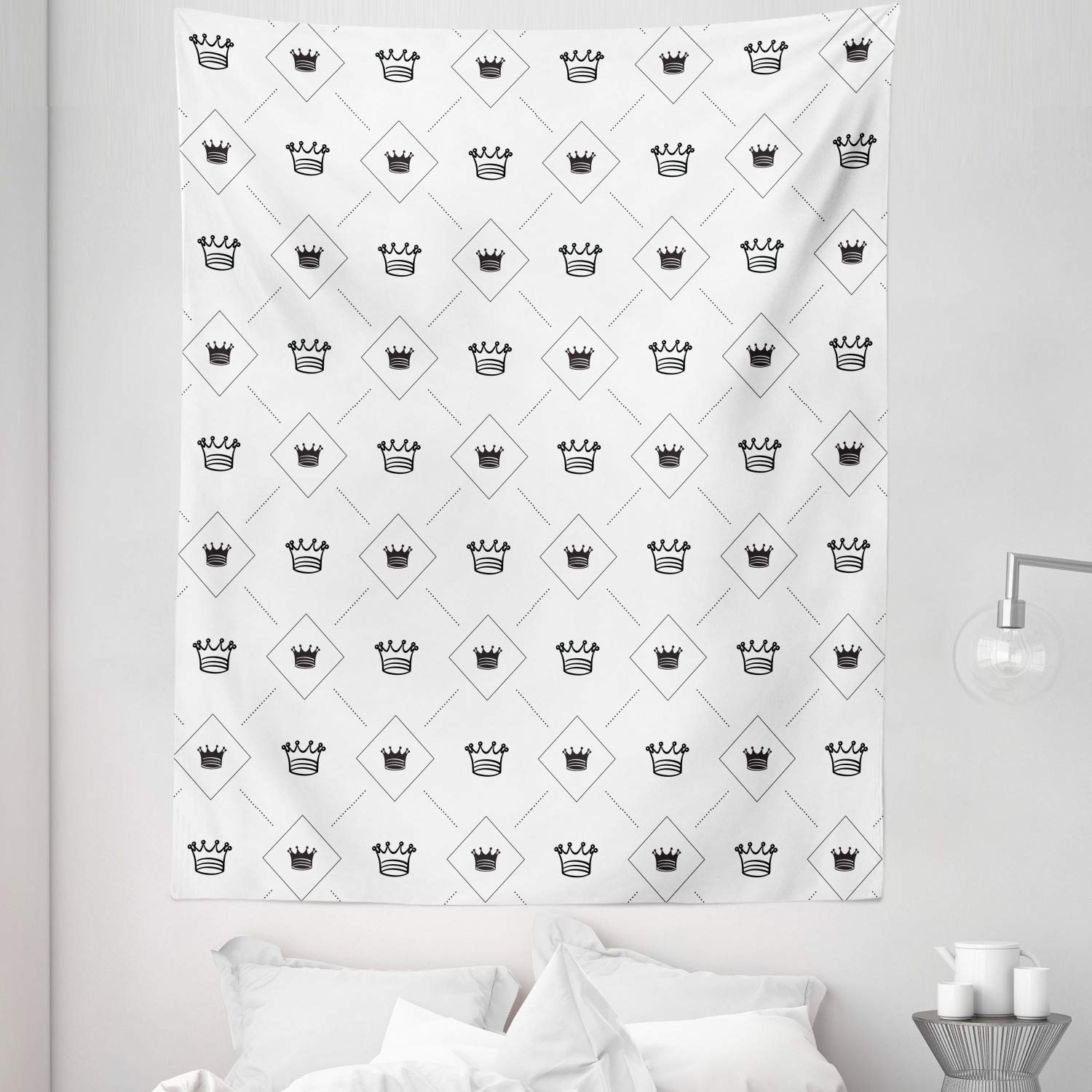Ambesonne Abstract Tapestry Twin Size - Minimalist Modern Crown & Dots Design - Black & White Wall Hanging (68x88 inches) - Perfect for Bedroom Decor, Dorm Room, Living Room Wall Art & Bohemian Style Home Decor