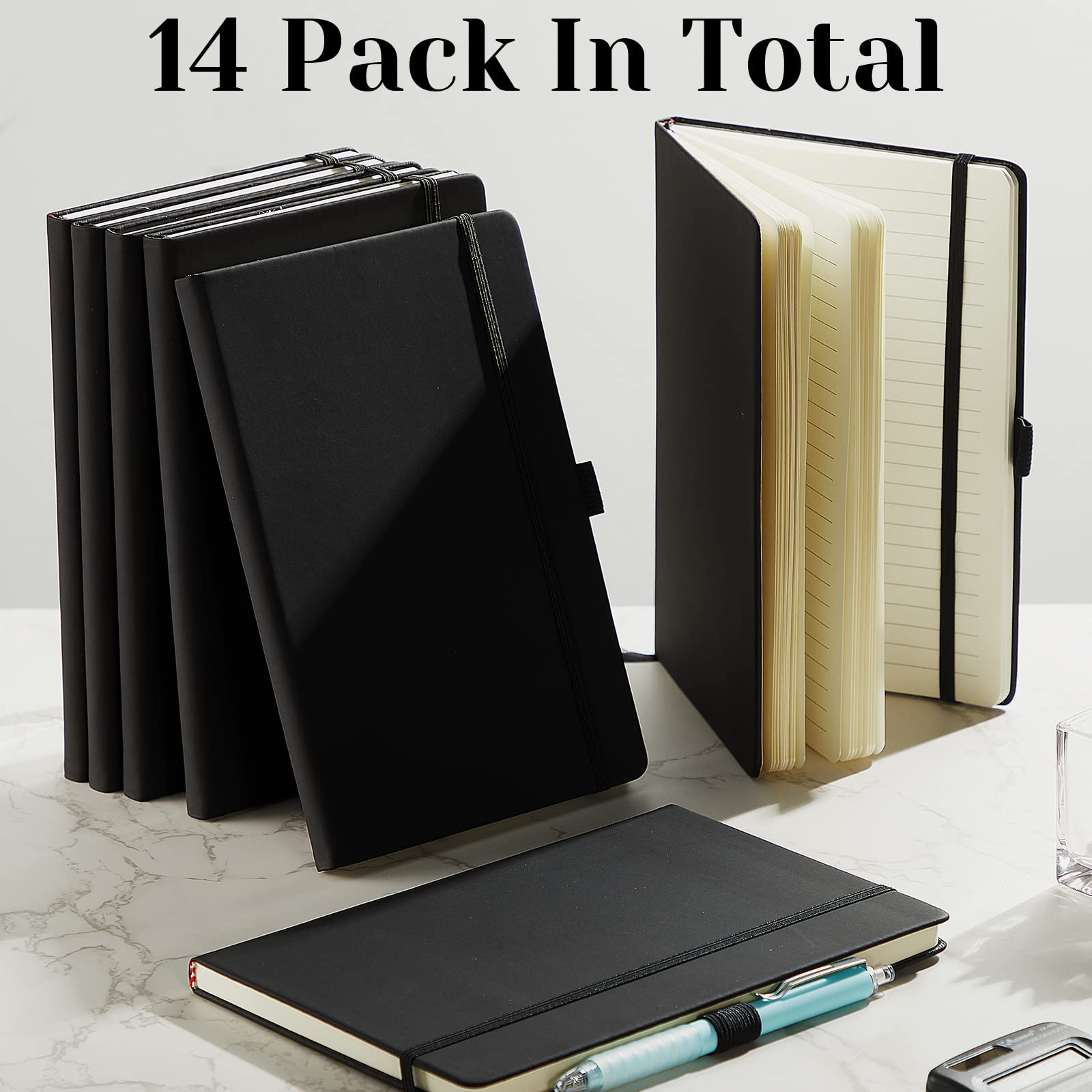 Laumoi 14 Pack A5 Lined Journal Notebooks - 5.5 x 8.2 Inch Hardcover College Ruled Notepad with Pen Holder, PU Leather Writing Notebook for School, Office, Business, Travel & Daily Journaling (Black)