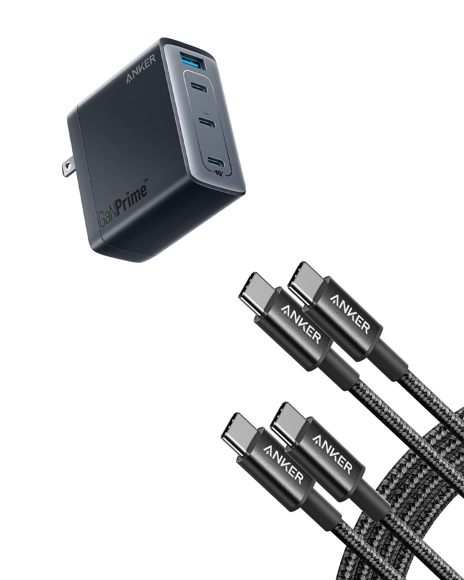Anker 747 GaNPrime 150W USB C Wall Charger with PPS - 4-Port Fast Compact Foldable Power Adapter & 2-Pack 6ft 60W USB C to C Cables - Compatible with MacBook Pro/Air, iPhone 15/14, iPad, Samsung Galaxy - Perfect for Travel, Office & Home Charging