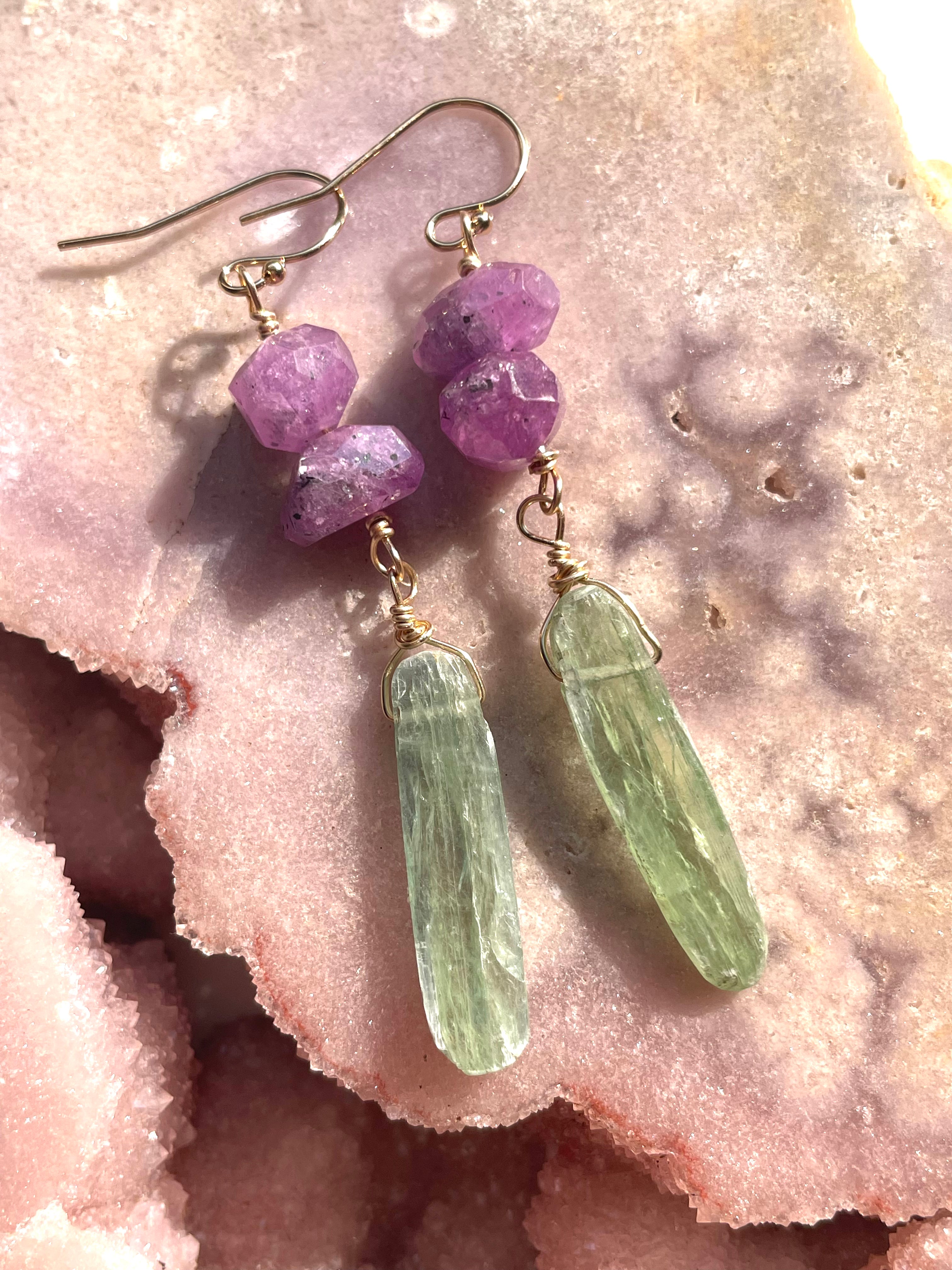 Exquisite Pink Sapphire & Green Kyanite Dangle Earrings for Women | Unique Handmade Jewelry Gift | Perfect for Weddings, Parties & Special Occasions