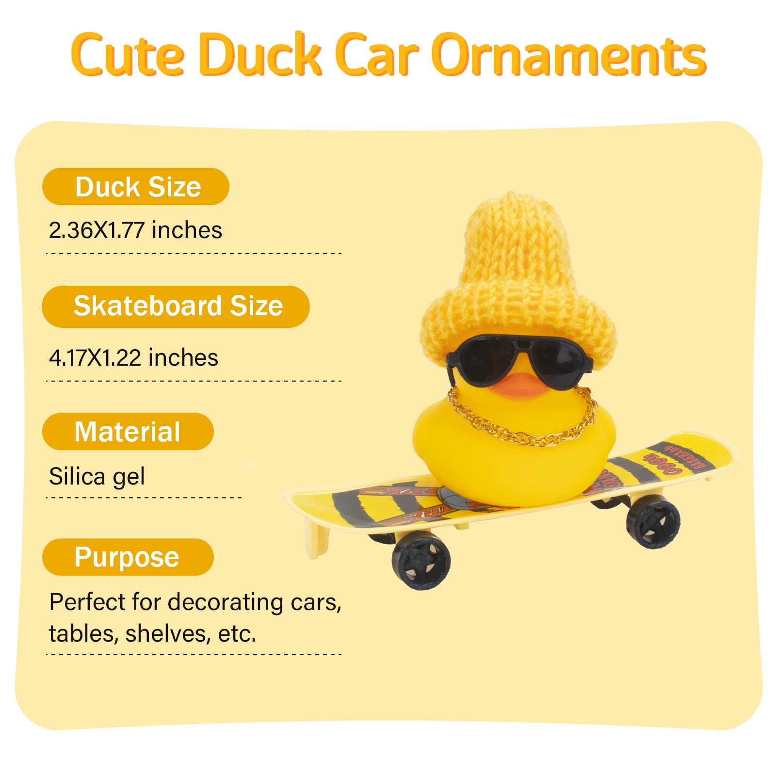 Wonuu Rubber Duck Car Dashboard Ornament - Cute Mini Duck Decor with Hat, Necklace, Sunglasses, Chair & Skateboard Accessories | Fun Car Interior Decoration for Dashboard, Office Desk, or Gift Idea