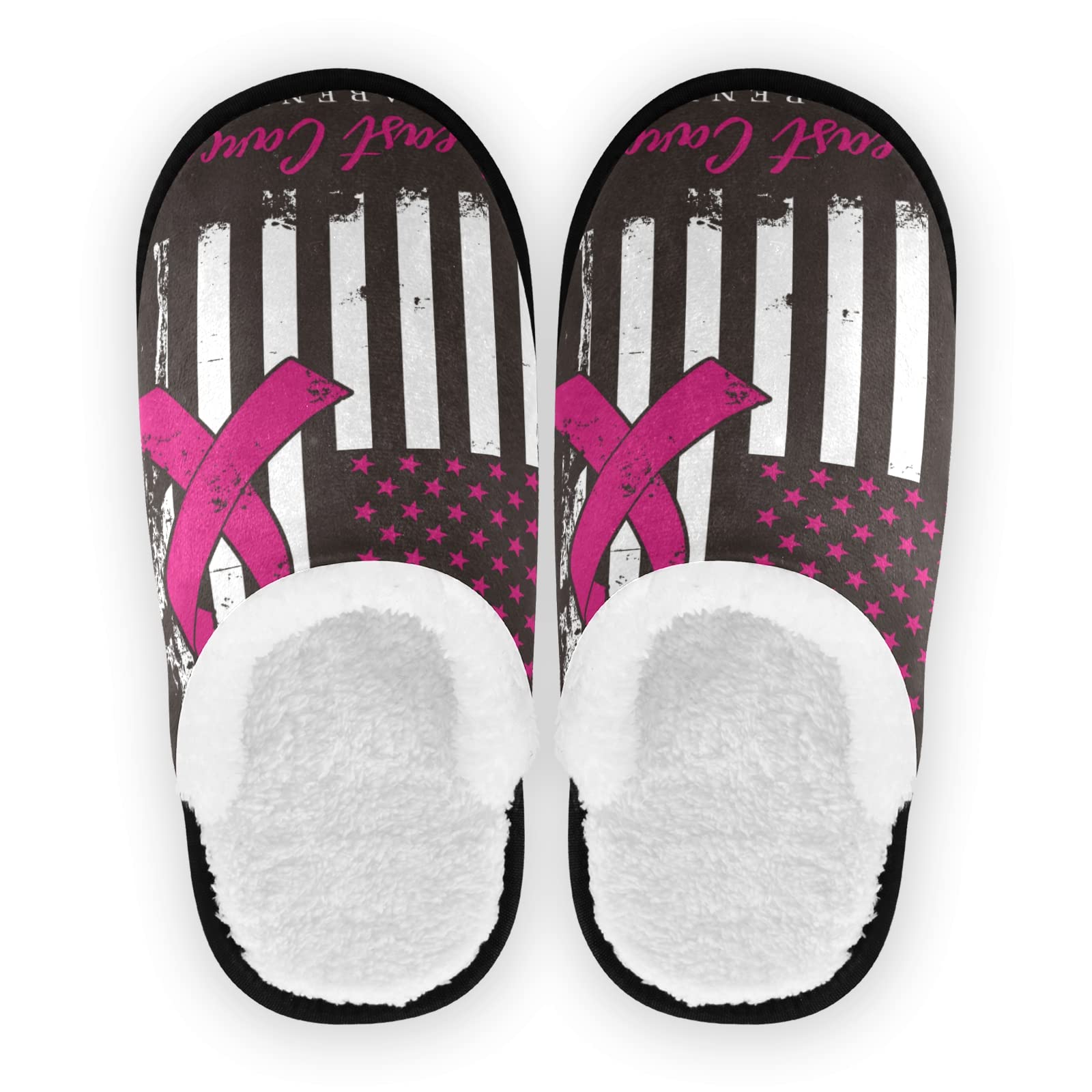 Pink Ribbon Breast Cancer Awareness Slippers for Men - Cozy Fleece Fuzzy House Shoes with Anti-Skid Sole - Indoor/Outdoor Comfort for Home, Spa, Travel - American Flag Design - Perfect Gift for Cancer Survivors & Supporters (Large Size) - Ideal for Relaxing at Home, Hospital Visits, and Showing Support During Breast Cancer Awareness Month