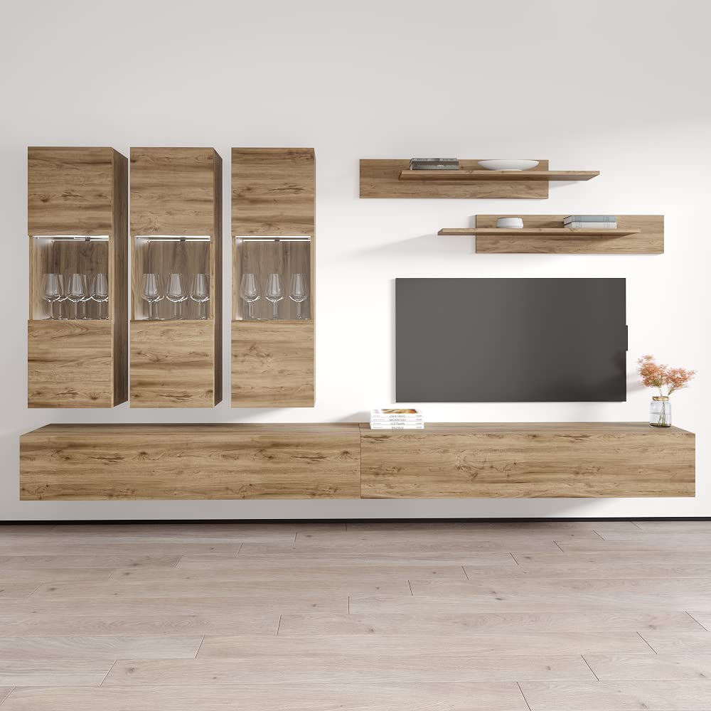 Modern Oak Floating TV Stand with Storage & LED Lights - Wall-Mounted Entertainment Center for Living Room & Bedroom - Space-Saving Media Console with Shelves - Perfect for Small Apartments & Home Theaters