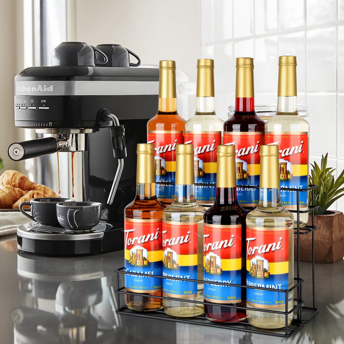 8-Bottle Coffee Syrup Organizer - 2-Tier Storage Shelf for Coffee Bar, Kitchen & Home - Perfect for Syrups, Wine & Condiments - Ideal for Coffee Shops, Bars & Family Kitchens
