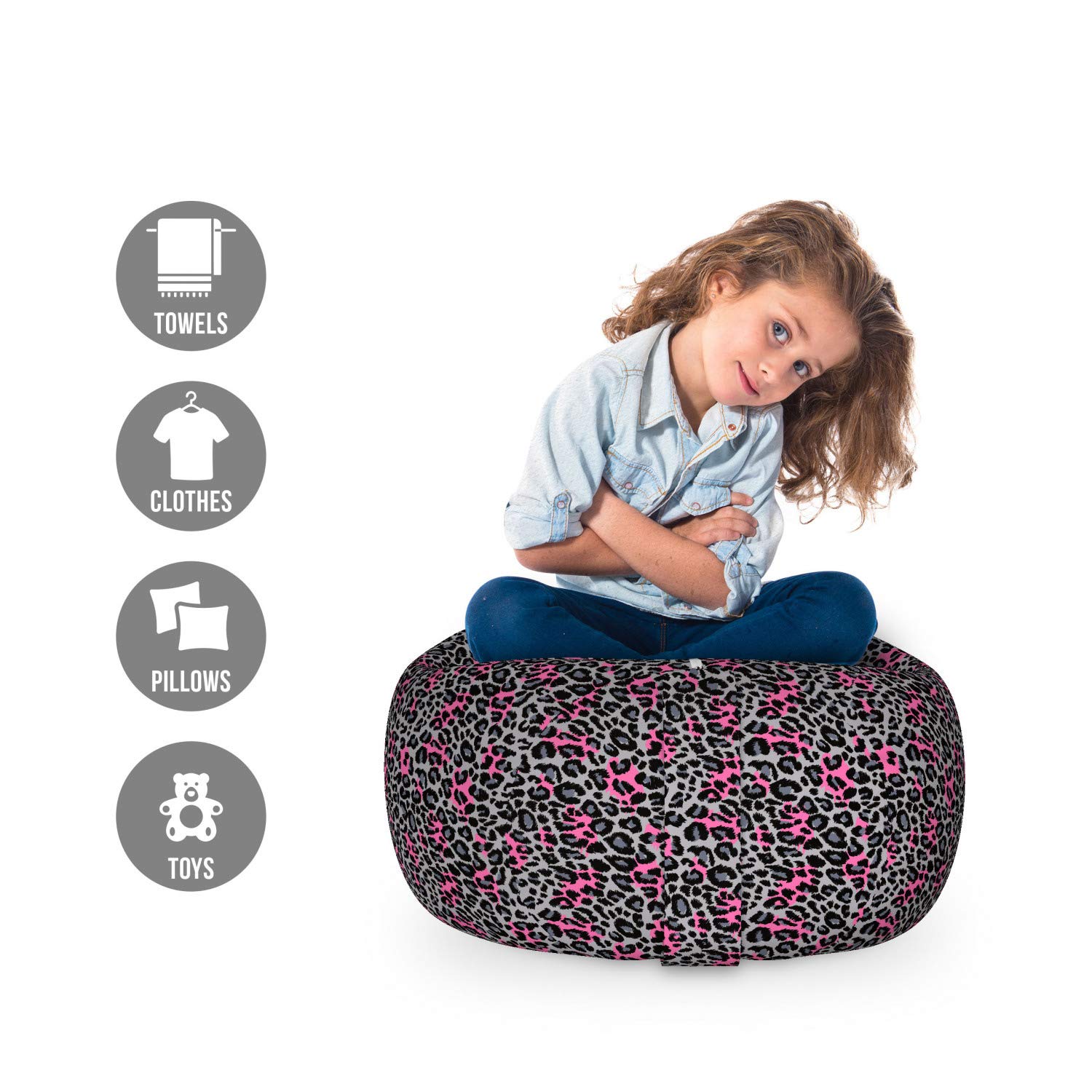 Ambesonne Leopard Print Storage Toy Bag Chair - Savannah Animal Pattern Organizer for Kids Room, Washable Stuffed Animal Storage in Pink Grey Black | Perfect for Playroom, Nursery & Bedroom Organization