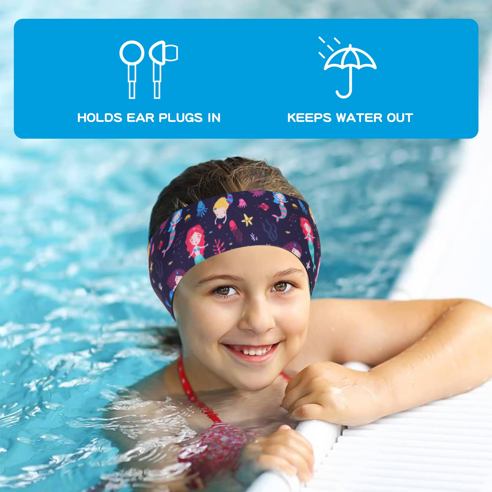 6 Pcs Kids Swimming Headbands - Adjustable Waterproof Ear Protection for Girls Age 1-5 (17.3-19.2 Inch Head Circumference) - Cute Cartoon Design for Pool, Beach & Swim Lessons