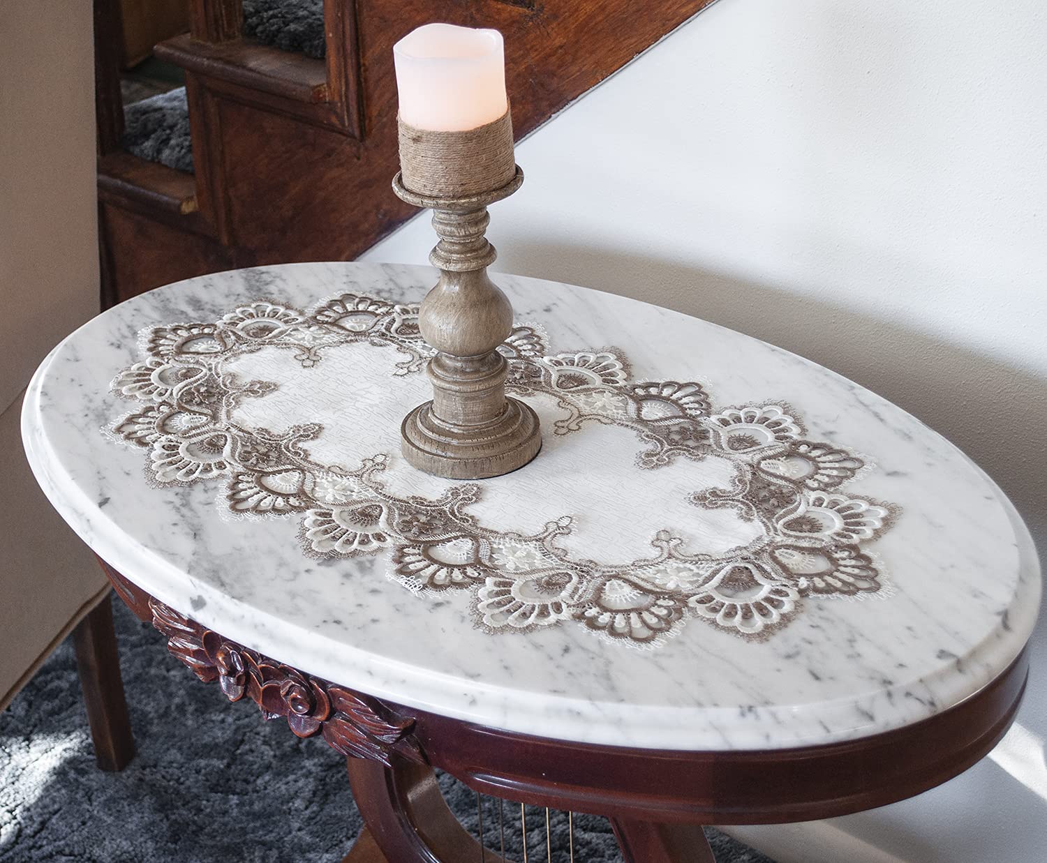 White Cocoa Earth Tones Jacquard Peacock Tail Lace Table Runner - Elegant Dresser Scarf & Coffee Table Decor (14x26 Inches) for Dining Room, Living Room & Wedding Decorations