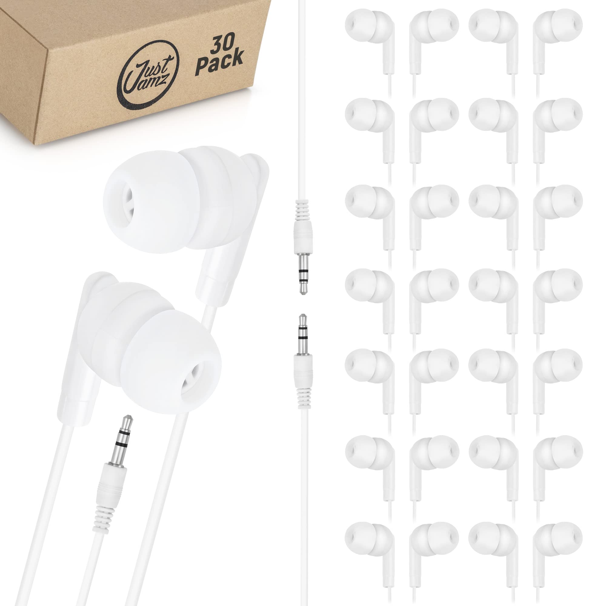 30 Pack Bulk Basic Pearl White In-Ear Earbuds - Disposable 3.5mm Audio Jack Headphones for School, Classroom, Library - Affordable Earphones for Kids & Students (Great for Online Learning & Quiet Study Spaces)