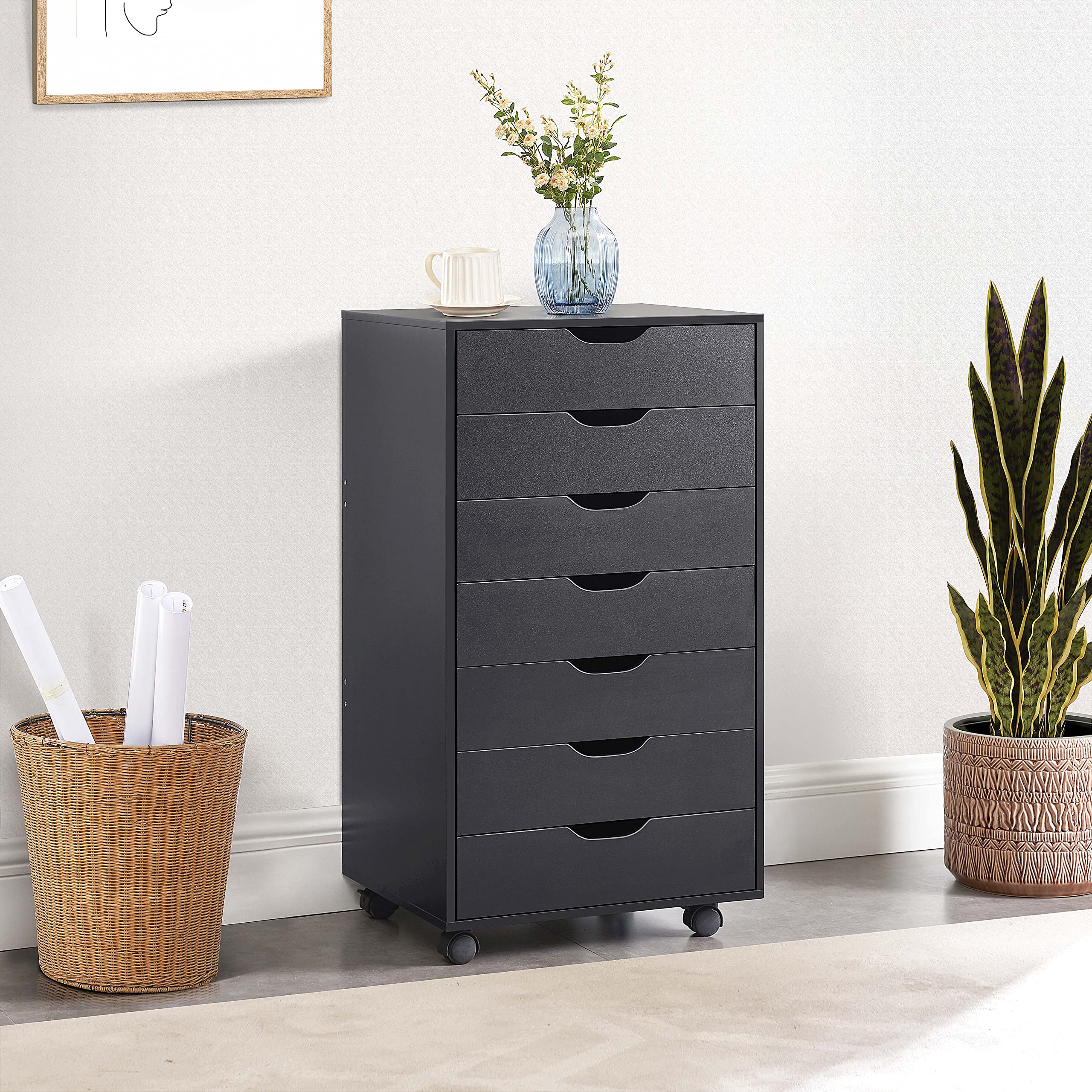 Naomi Home Debbie 7-Drawer Rolling Storage Cabinet - Black | Versatile Organizer for Crafts, Office Files & Home Storage | Mobile Chest for Bedroom, Living Room & Workspace