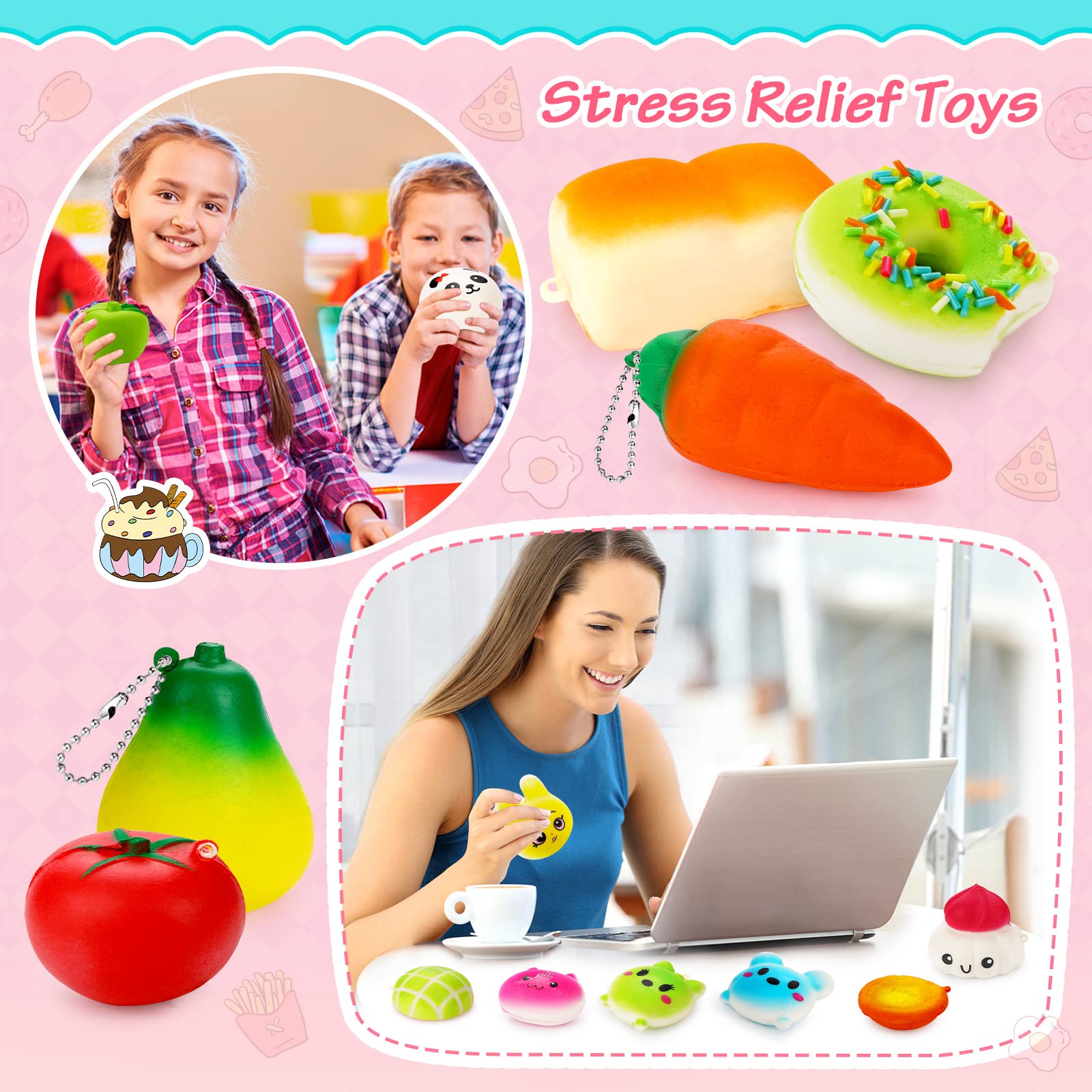 BUDI Upgraded 30Pcs Kawaii Squishies - Super Slow Rising Squeeze Fidget Toys for Stress Relief, Random Cute Animal Phone Straps - Perfect for Adults & Kids Birthday Favors, Treasure Box Fillers, Pinata Toys, and Pretend Play Scenarios