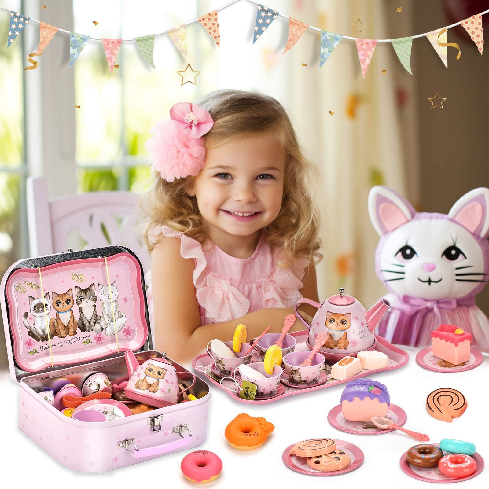 52-Piece Pretend Play Tea Set for Toddlers & Kids Ages 3-6 - Pink Tea Party Toys with Desserts & Metal Carrying Case - Perfect Birthday Gift, Christmas Stocking Stuffer for Girls - Fun Role Play for Playdates, Tea Parties & Imaginative Play