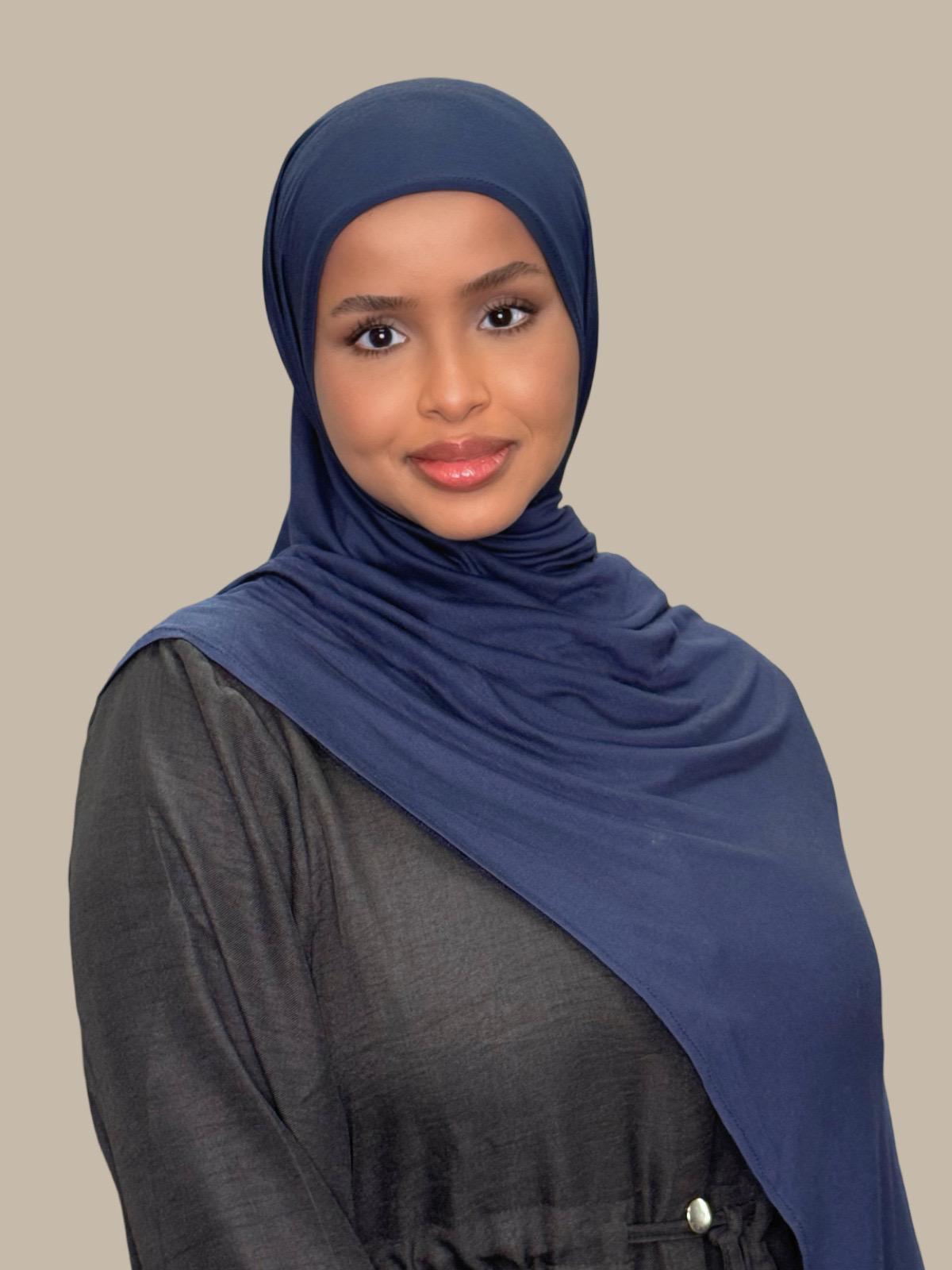 Premium Pre-Sewn Jersey Hijab Scarf - Soft & Comfortable Navy Blue Muslim Headscarf for Women - Perfect for Daily Wear, Work, and Prayer