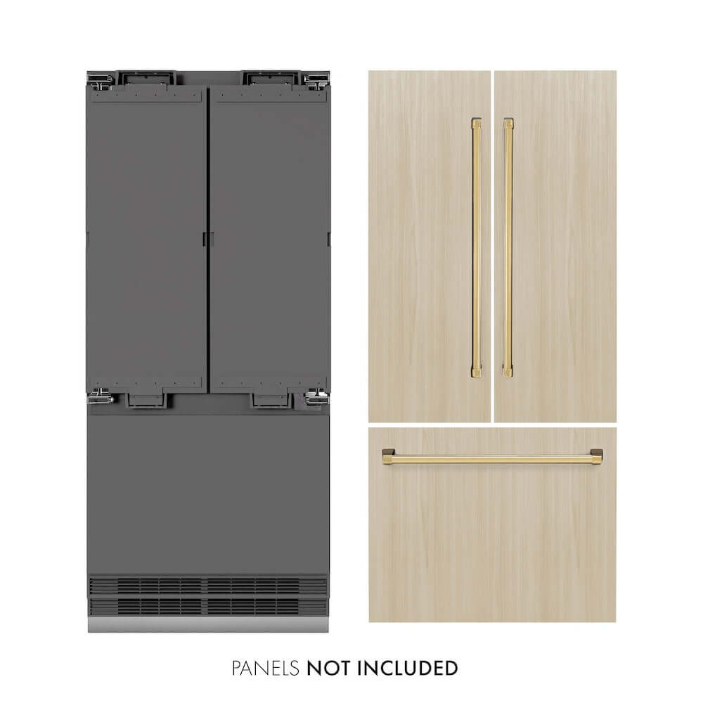 ZLINE Autograph Edition 36 Inch Panel Ready French Door Built-In Refrigerator - 19.6 cu ft Capacity, Water Dispenser & Ice Maker, Graphite Gray Interior with Polished Gold Accents (GRBIVZ 36 G) - Perfect for Luxury Kitchens and Modern Home Design