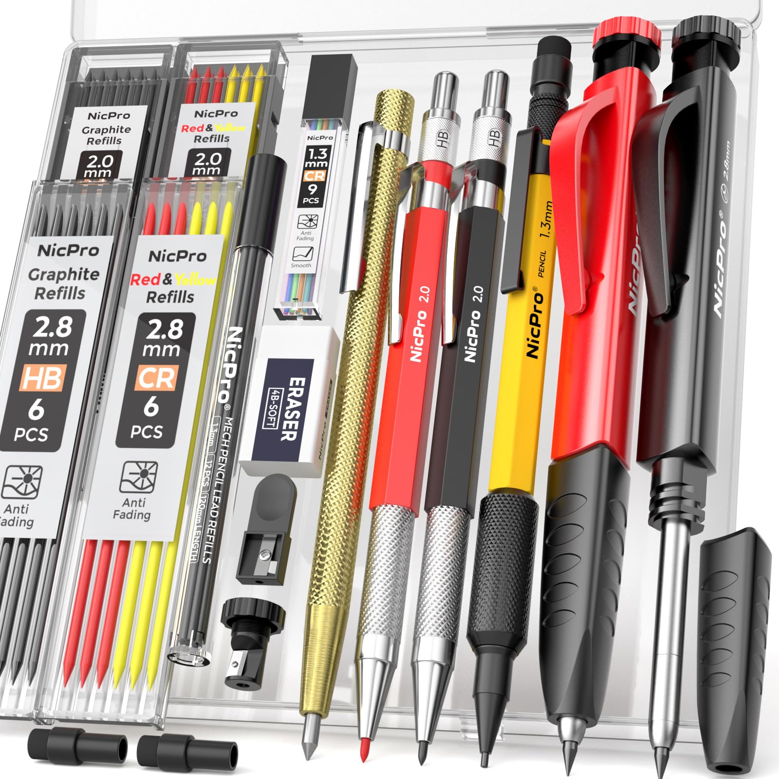 Nicpro 17-Pack CP2000 Carpenter Pencils with Sharpener - Mechanical Pencils Set Includes 57 Refills, Carbide Scribe & Deep Hole Marker - Heavy Duty Woodworking Pencils for Construction, Architects & DIY Projects - Perfect for Blueprint Marking, Framing & Carpentry Work