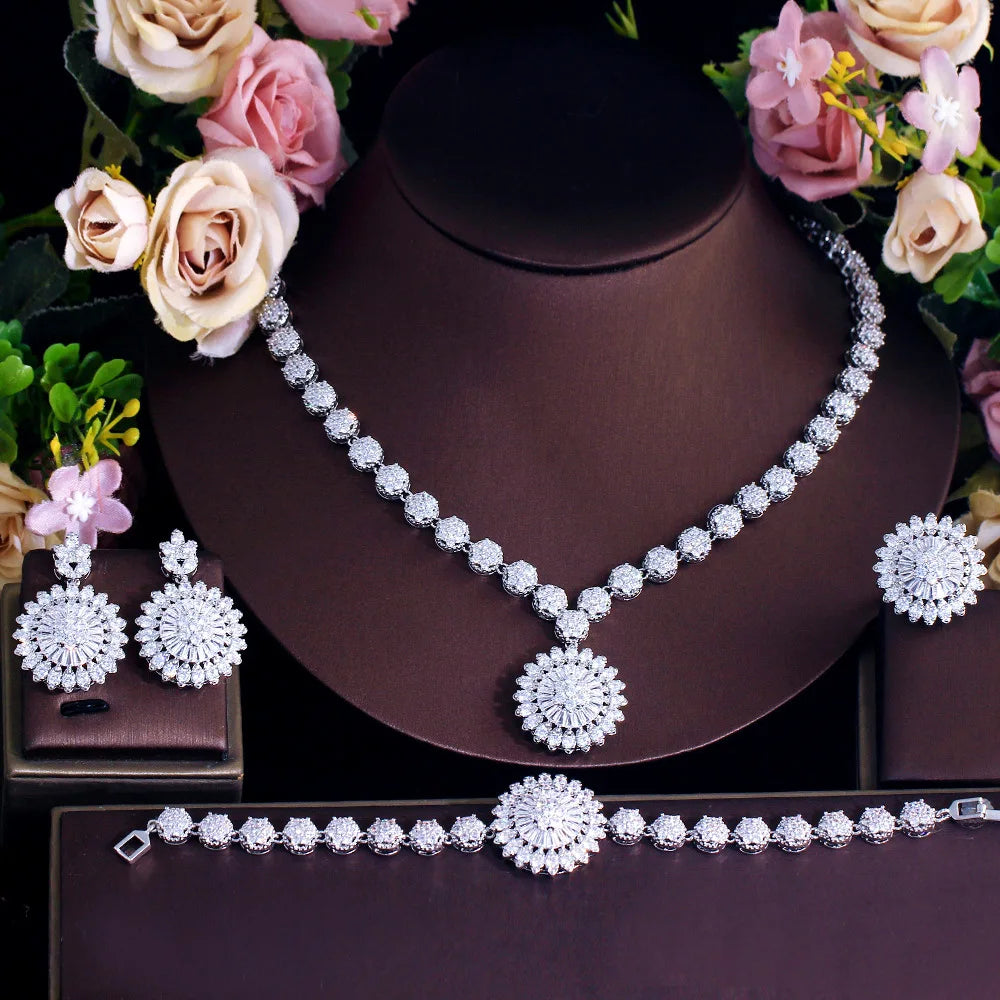 4-Piece White Cubic Zirconia Flower Jewelry Set for Women - Elegant Wedding Accessories, Bridal Party Jewelry, Costume Jewelry Set LYT0309 | Perfect for Weddings, Bridal Showers, and Special Occasions