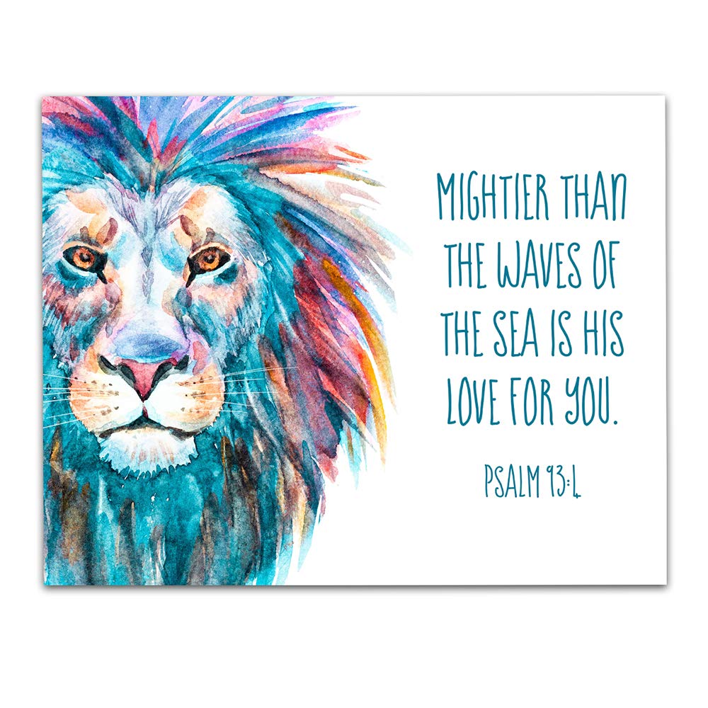 Psalm 93:4 Bible Verse Wall Art Print - 'Mightier Than The Waves' Blue Lion Christian Home Decor - Inspirational Religious Gifts for Women - Perfect for Office Desk, Bedroom & Prayer Room Decorations