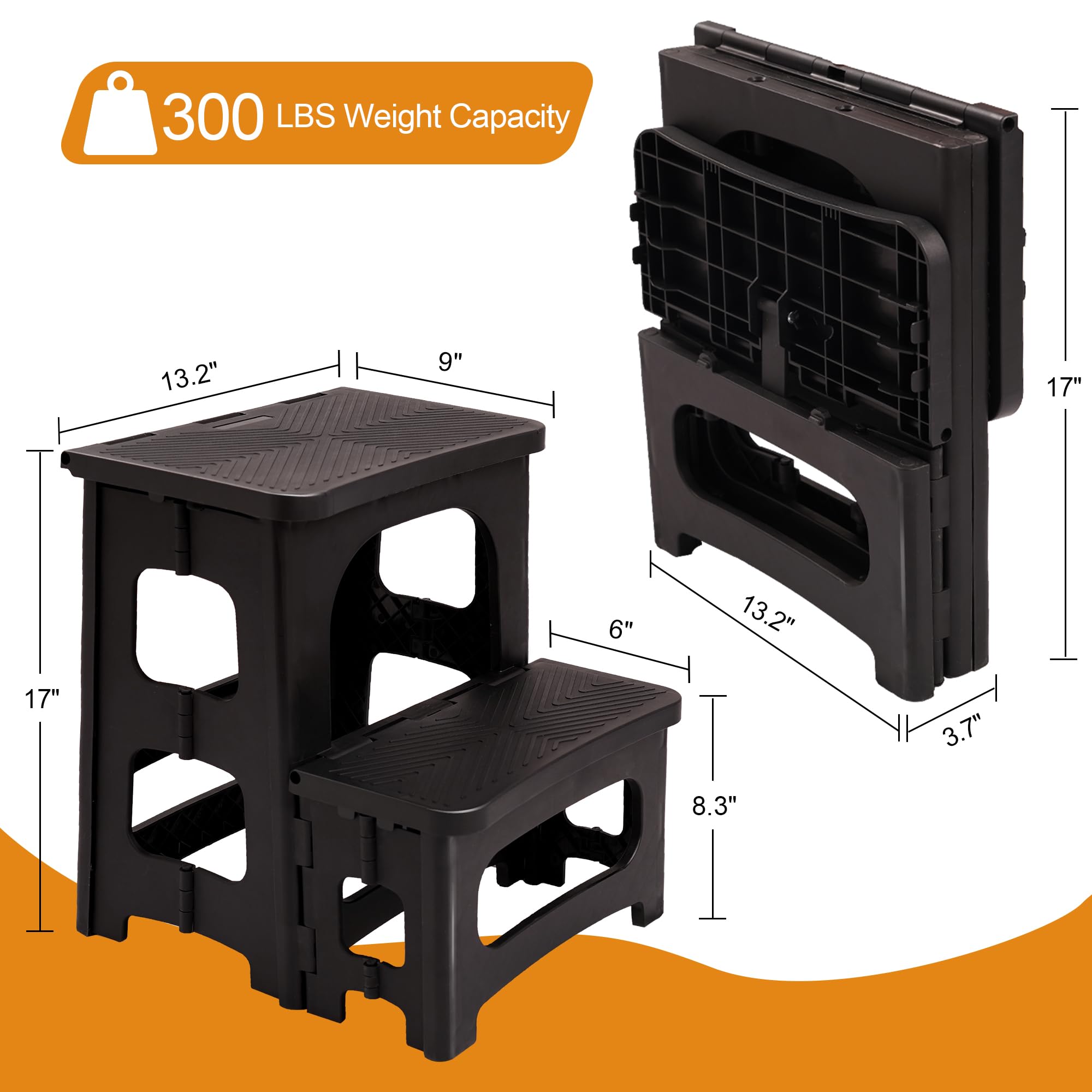 Heavy Duty Folding 2 Step Stool 300 lb Capacity - Non-Slip Foldable Step Stool for Adults - Compact Kitchen Bathroom Bedroom Office RV Ladder - Space Saving Home Organization (Black) | Perfect for Reaching High Shelves, Changing Light Bulbs & Home Storage Solutions