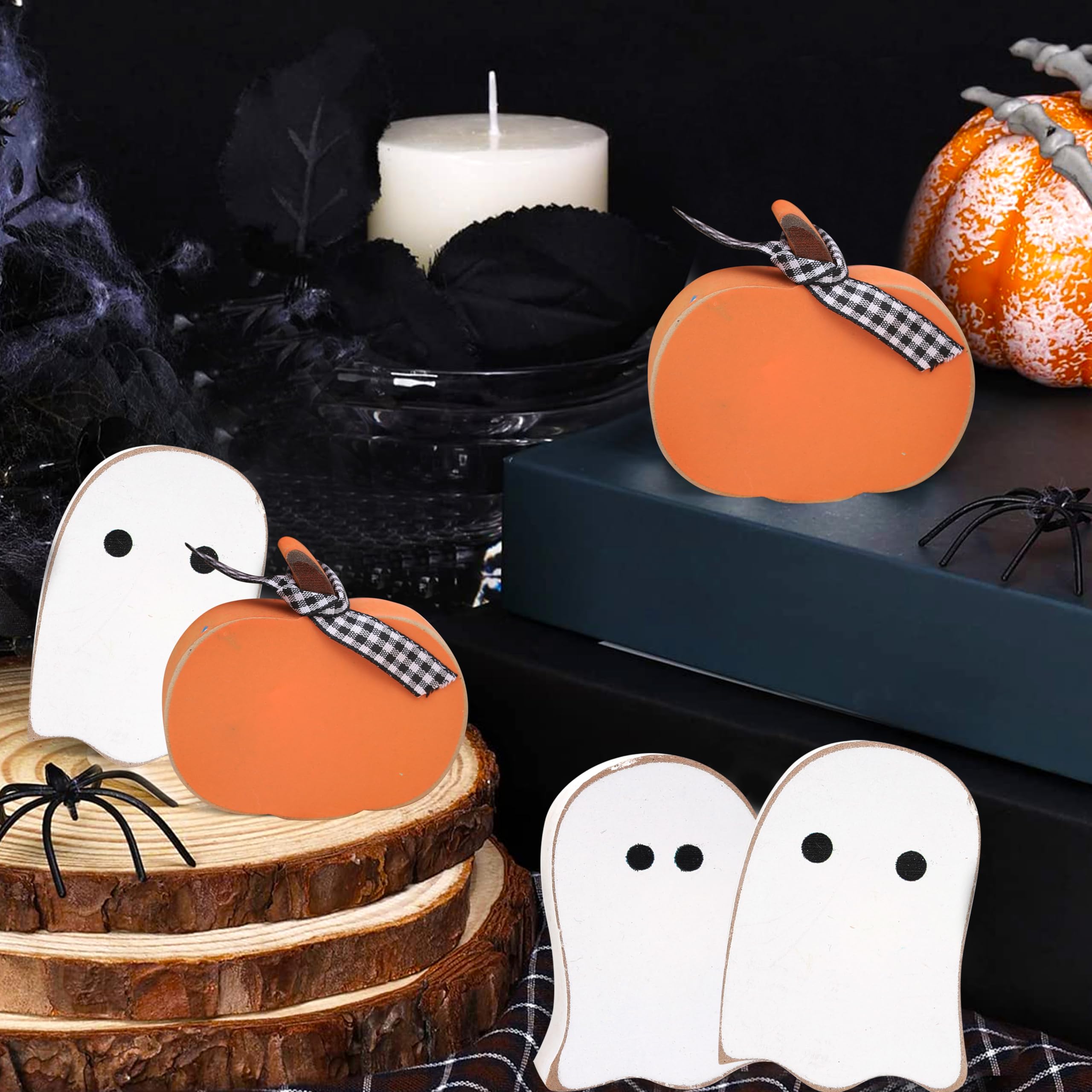 Spooky Halloween Wooden Pumpkin & Ghost Decorations - Mini Fall Party Decor, Tiered Tray Accents & Photo Props for Halloween, Thanksgiving & Autumn Celebrations