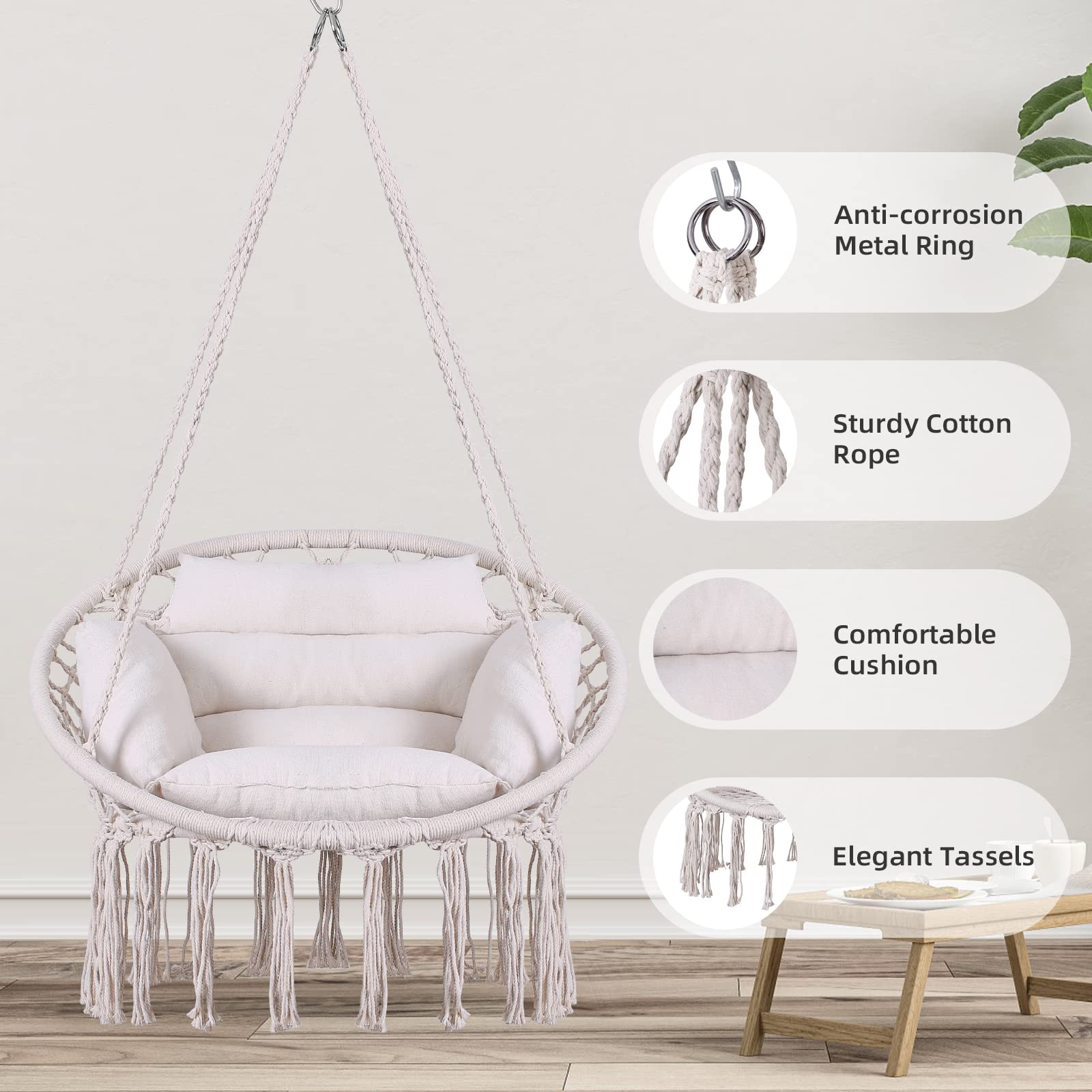 Goutime Macrame Hanging Swing Chair with Cushion & Hardware Kit - Outdoor Hammock Chair for Patio, Balcony, Bedroom - Comfortable Adult Swing Seat (Gray) - Perfect for Relaxing, Reading & Lounging