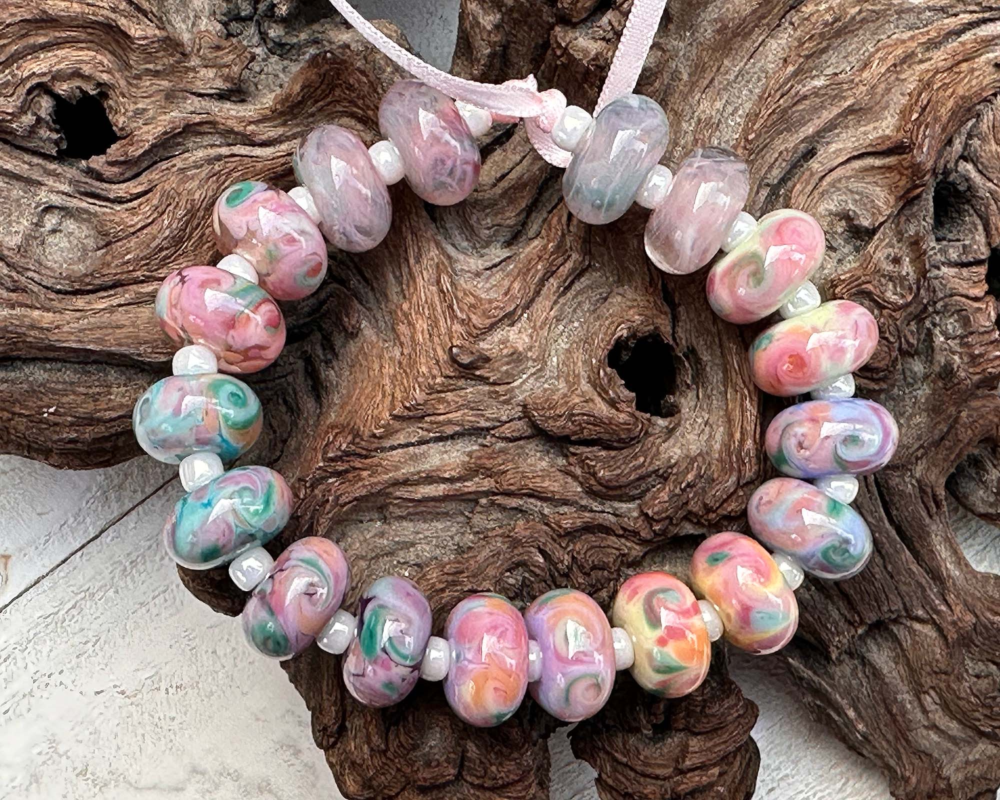 18pcs Pink Lampwork Glass Beads Set - Handmade Spring Blossoms Design for Jewelry Making, DIY Crafts, Bracelets & Necklaces - Perfect for Boho Style Accessories and Gift Giving