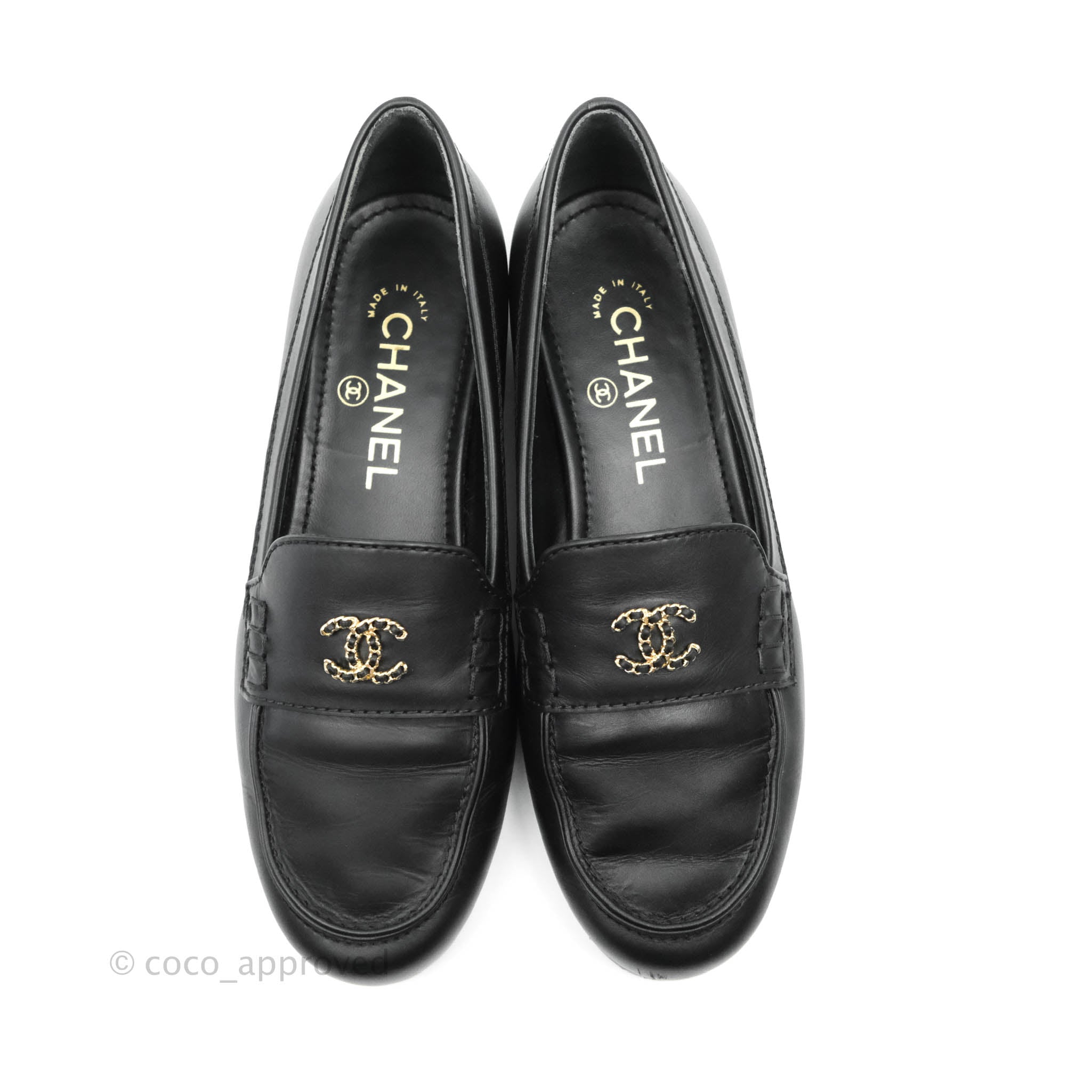 Chanel CC Black Leather Loafers with Gold Hardware - Women's Size 36.5 EU (US 6.5) - Luxury Designer Shoes for Work, Office & Formal Occasions