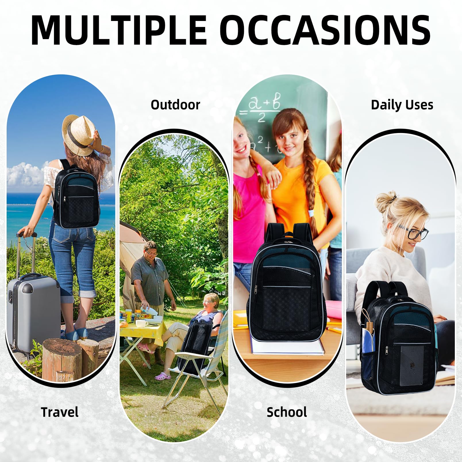 Mesh Backpack for School & Travel - 3 Sizes with Reflective Strips, Transparent Backpack for Girls & Boys - Perfect for Beach, Gym, and Outdoor Activities