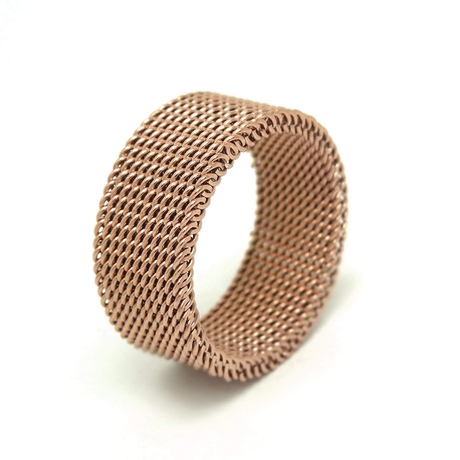 Stainless Steel Rose Gold Mesh Ring for Men & Women - Adjustable Sizes (T 1/2) - Perfect for Weddings, Anniversaries & Everyday Fashion Jewelry