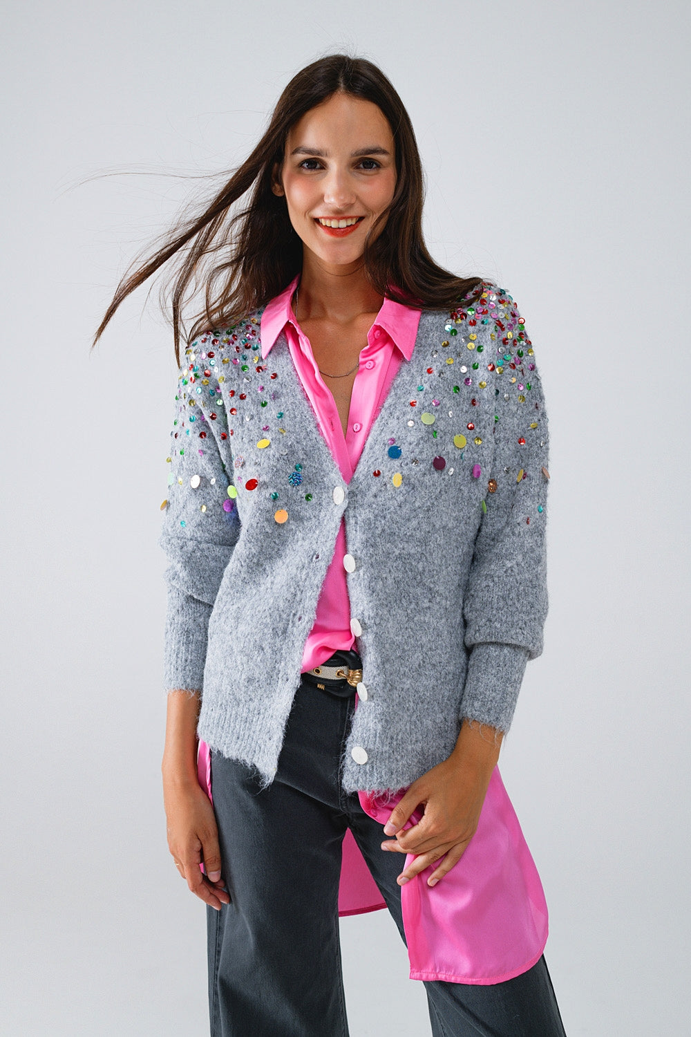 Sparkly Embroidered V-Neck Cardigan - Women's Gray Multicolor Sequin Sweater for Parties, Date Nights & Holiday Outfits