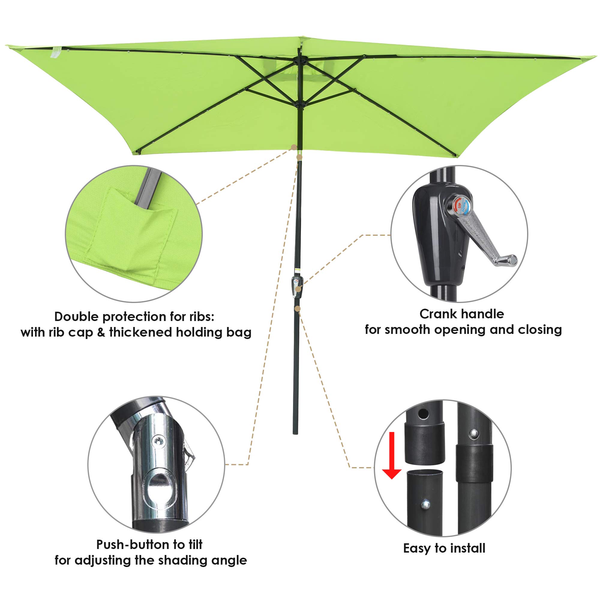 Yescom 10x6.5ft Solar Powered LED Patio Umbrella with Crank & Tilt - Outdoor Rectangle Sun Shade for Garden, Poolside, Deck & Backyard (2 Pack) - Perfect for Dining, Lounging & Outdoor Entertaining