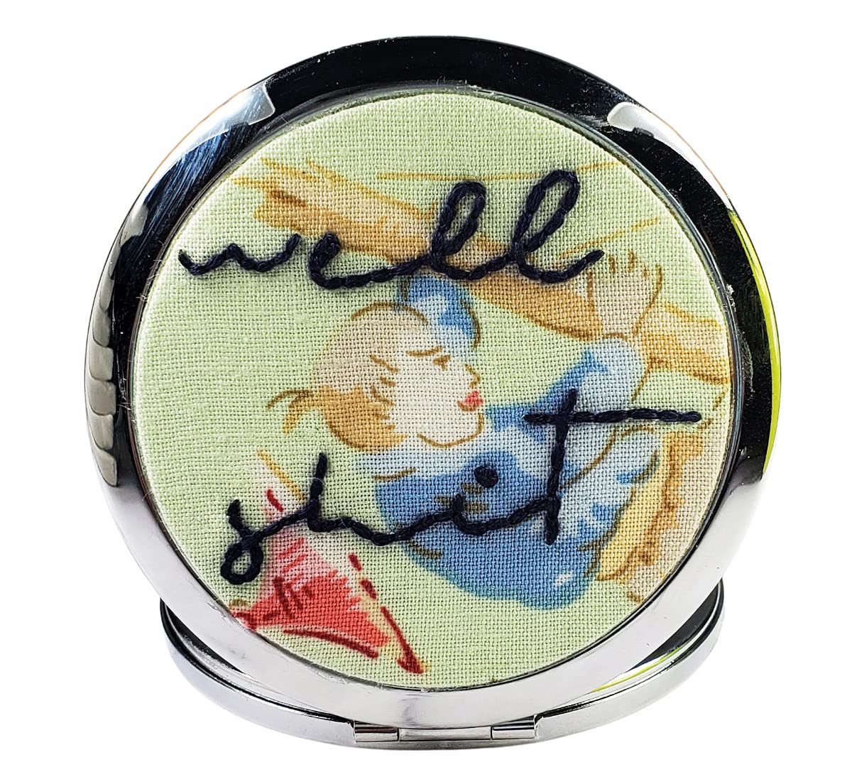 Compact Embroidered Pocket Mirror with Profanity Design - Funny Gifts for Her/Him, Makeup Mirror, Stocking Stuffer, Christmas & Birthday Present - Perfect for Introverts, Daily Makeup Touch-Ups & Unique Gag Gifts