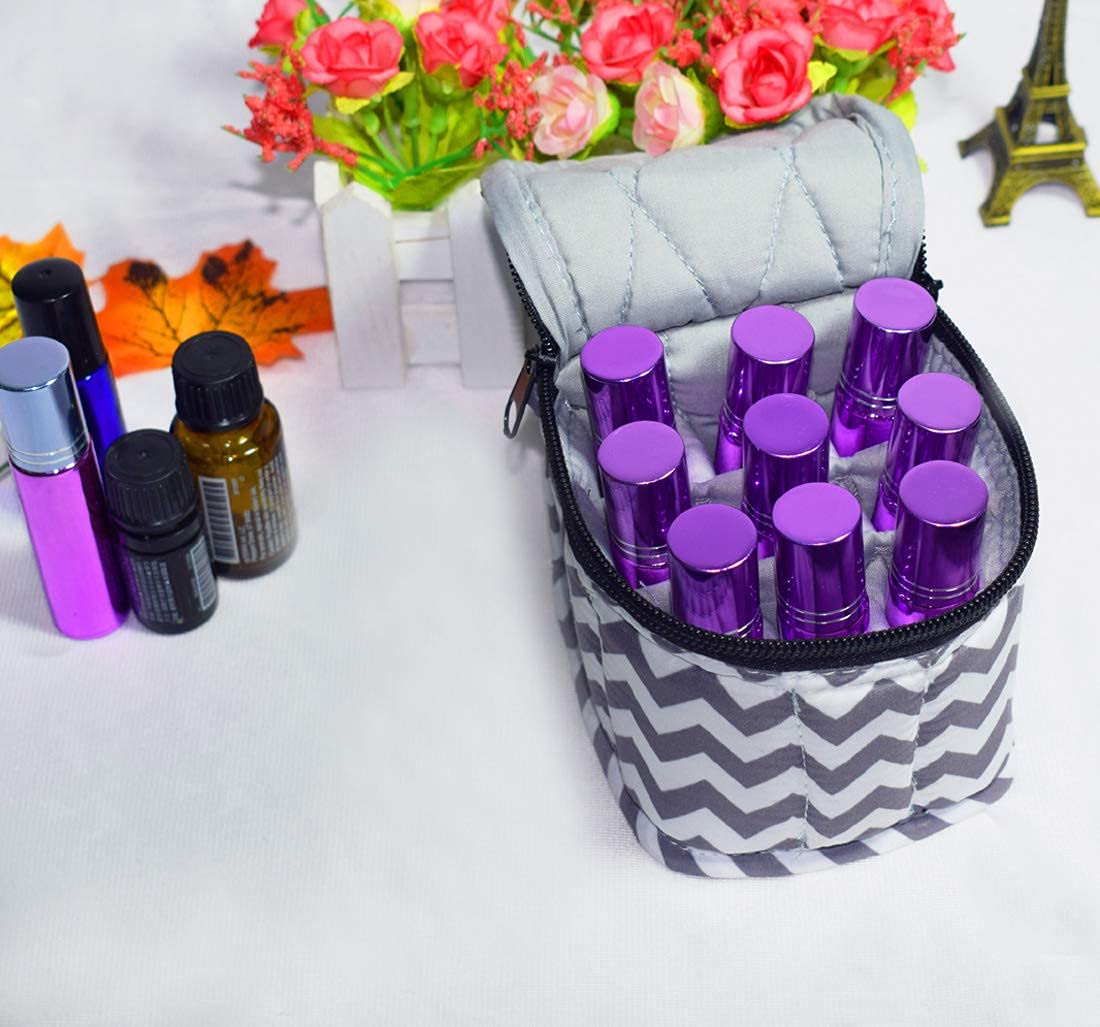 9 Bottles Essential Oil Travel Case - Shockproof Nail Polish Organizer for 5ml,10ml,15ml & Roller Bottles - Portable Handle & Double Zipper (Chevron Grey) - Perfect for Aromatherapy, DIY Beauty & On-the-Go Storage