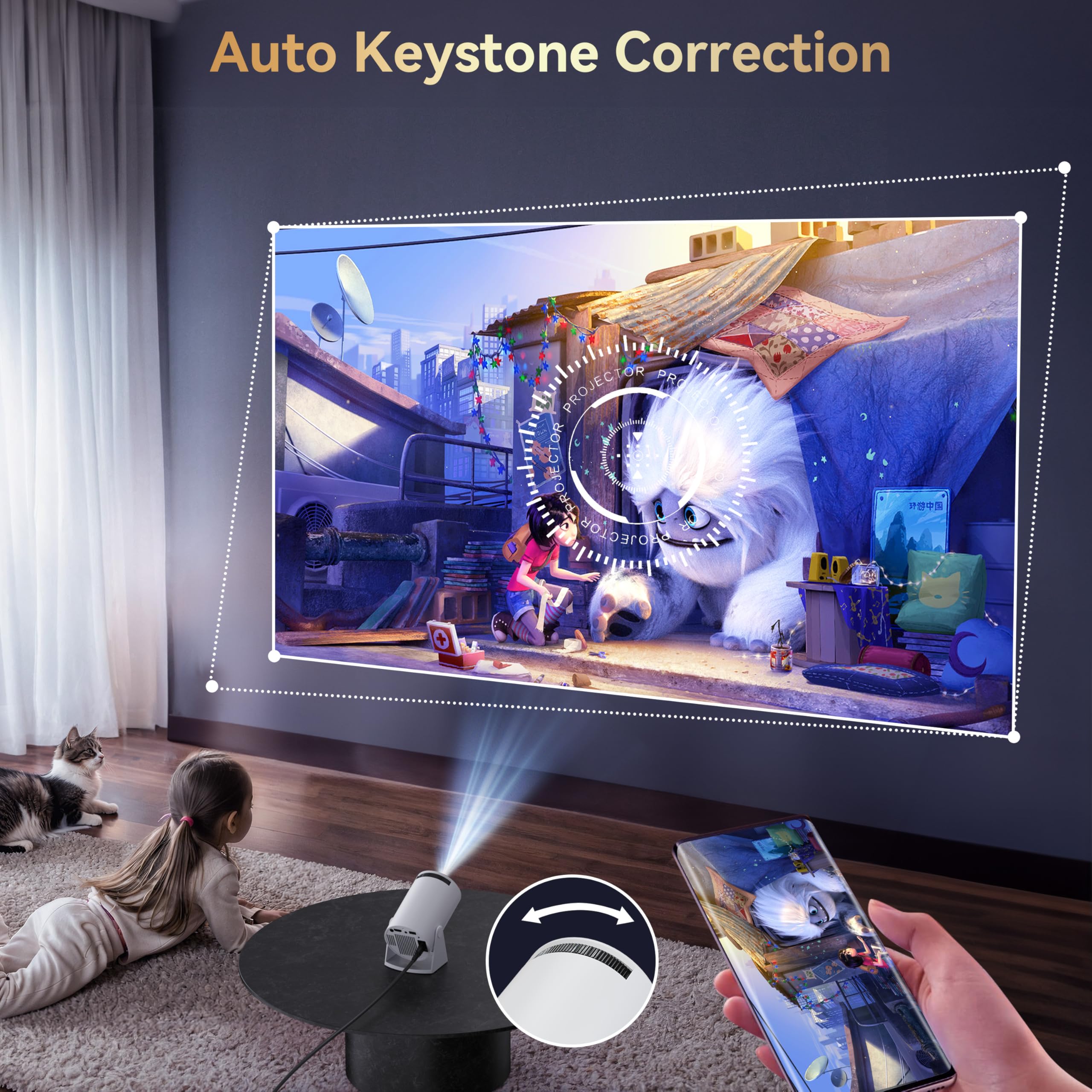 Portable Mini Projector with WiFi & Bluetooth - 210° Rotatable, Android TV 11.0, 1080P HD, Short Throw, Auto Keystone - Home Theater Projector for Movies, Gaming & Presentations - Compatible with Phone, PC, Laptop - Perfect for Indoor & Outdoor Use