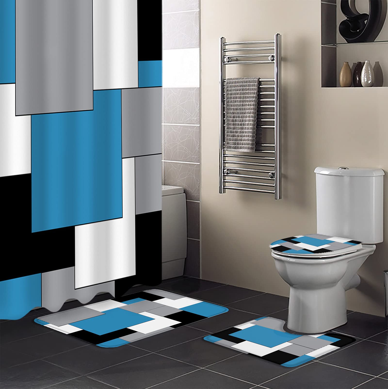 Zadaling 4-Piece Bathroom Set - Waterproof Geometric Shower Curtain, Non-Slip Rug, Toilet Cover & Bath Mat with 12 Hooks | Blue Grey Plaid Design | Modern Abstract Decor for Bathroom, Guest Bath & Apartment
