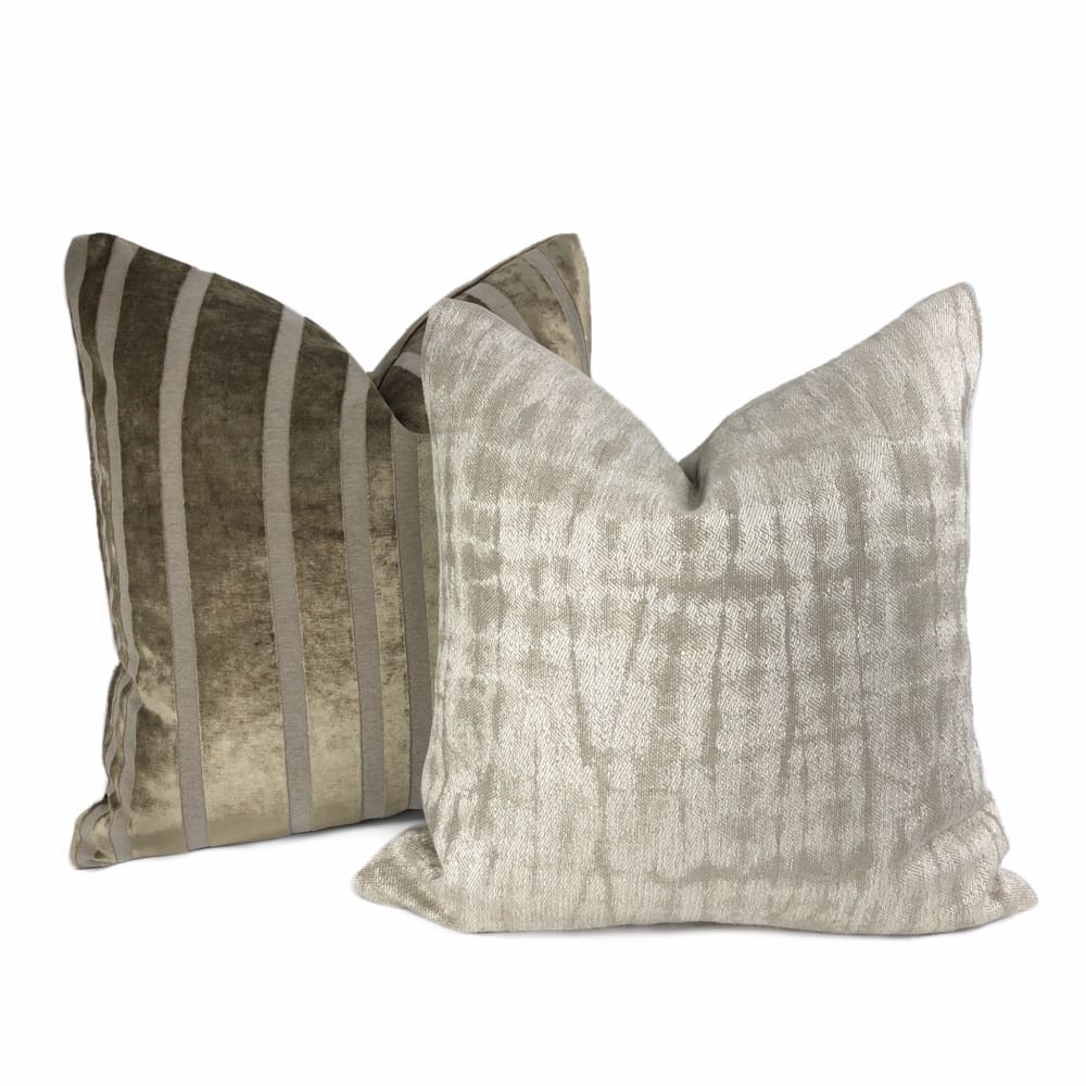 Scalamandre Shibori Weave Flax Two-Tone Beige Silk Linen Abstract Pillow Cover - Luxury Bohemian Home Decor for Living Room, Bedroom & Sofa
