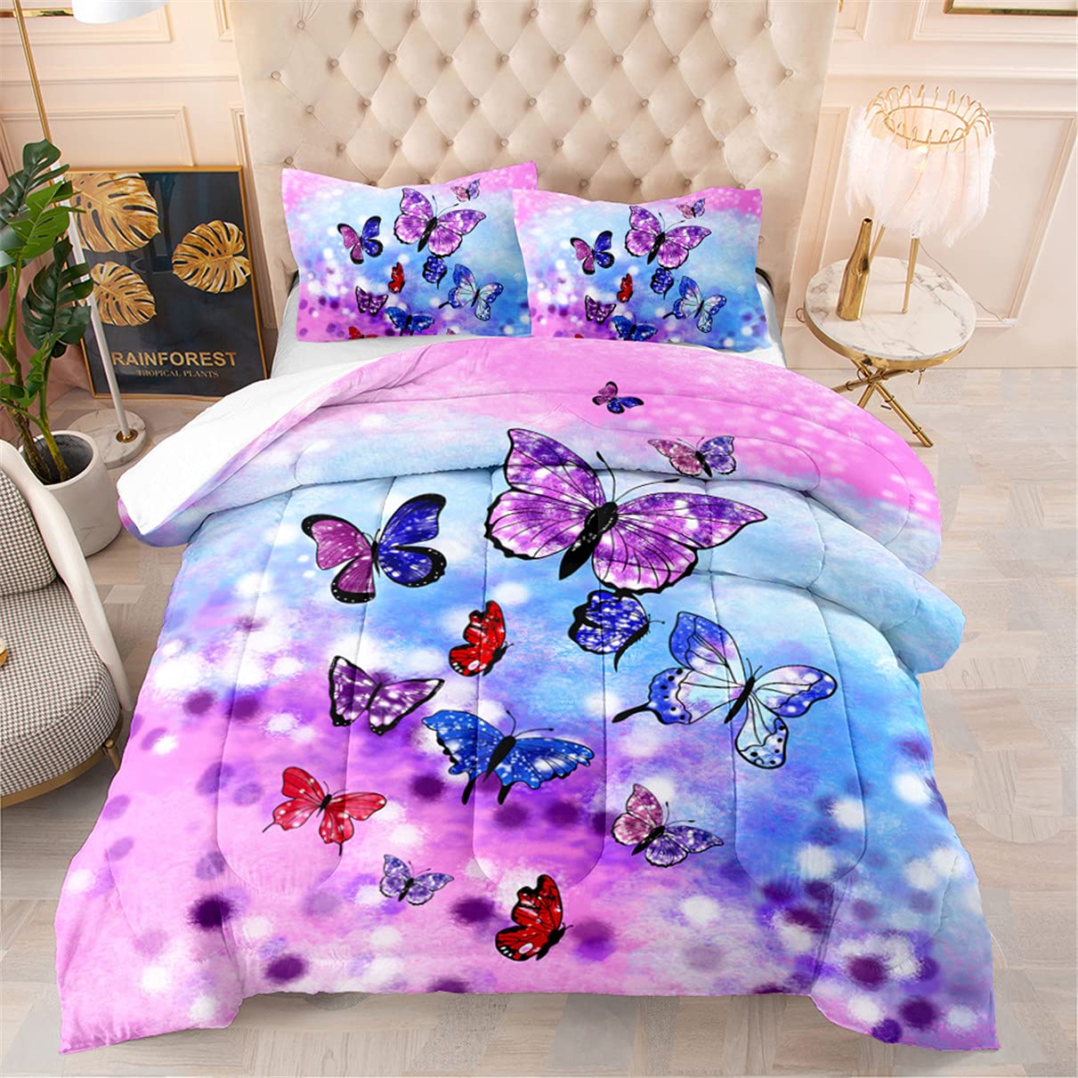 EDUMEYA Twin Size Butterfly Bedding Set for Kids - Pink & Purple Flying Butterflies Comforter with Pillowcase | Insect Theme Quilt Set for Girls' Room Decor | Perfect for Birthday Gifts & Nursery Bedding