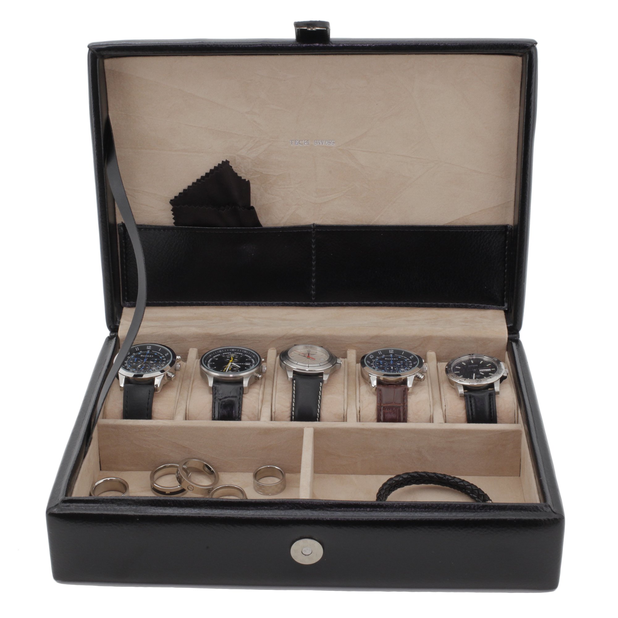 Premium Valet Tray - Leather Organizer for Jewelry, Watches, Pens & Eyeglasses (Black/Pinstripe) - Stylish Desktop Storage for Home & Office Accessories