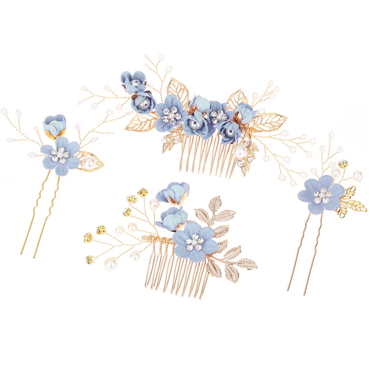 FERCAISH 4 Pcs Wedding Hair Comb Set - Floral Rhinestone Crystal Bridal Headpiece Hair Clips for Women, Brides & Bridesmaids - Elegant Wedding Dress Accessories (Blue) | Perfect for Bridal Showers, Weddings, Prom & Formal Events