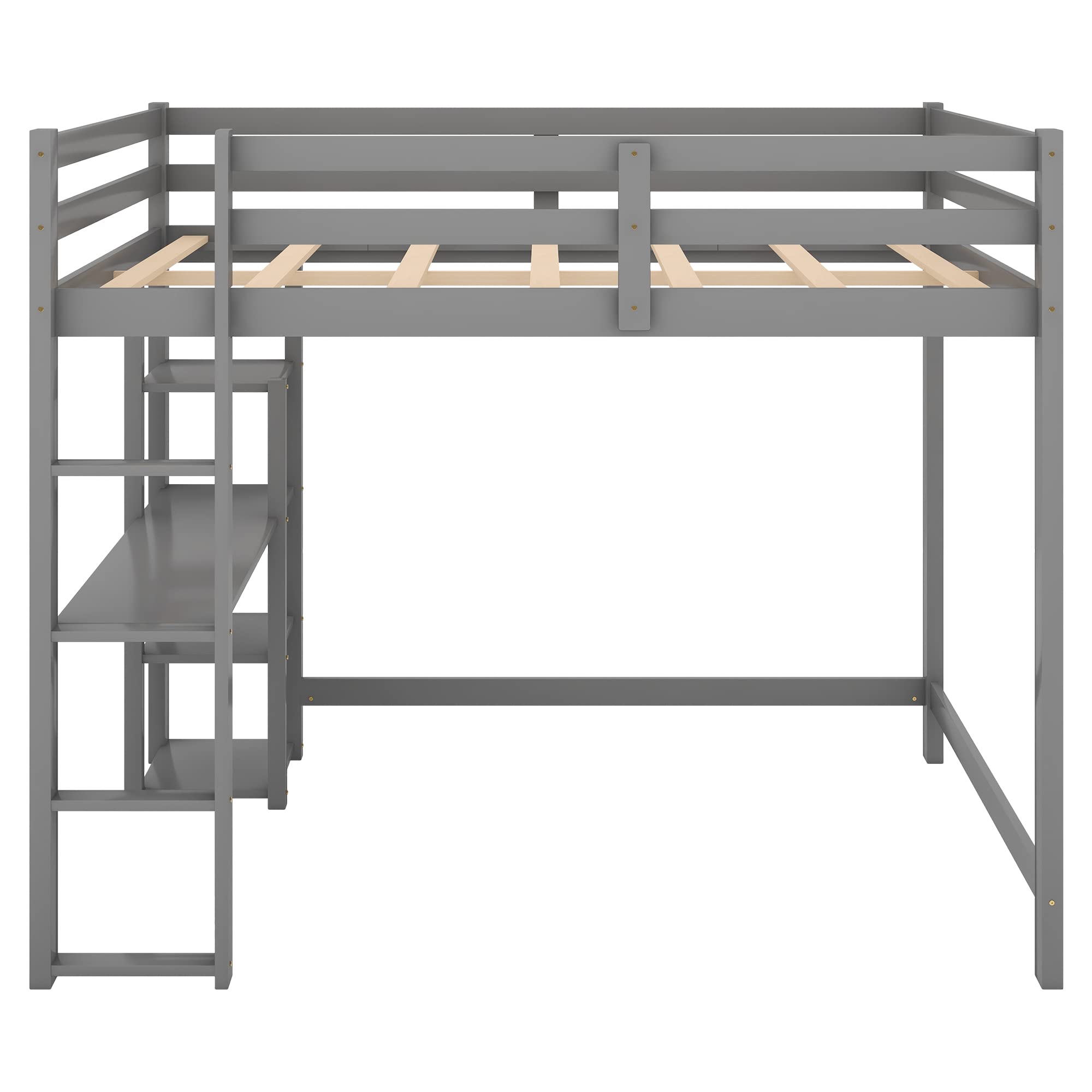 SOFTSEA Full Size Loft Bed with Storage Shelves & Under Bed Desk - Solid Wood Space Saving Bed Frame for Kids, Teens & Juniors - Grey - Perfect for Small Bedrooms, Dorm Rooms & Studio Apartments