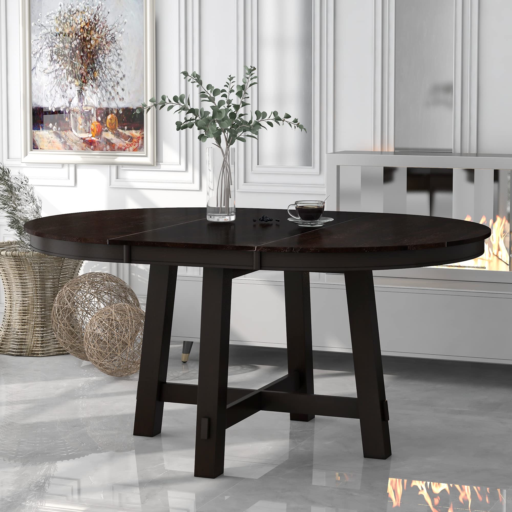 42 Inch Extendable Farmhouse Dining Table - Rustic Round Kitchen Table with 16